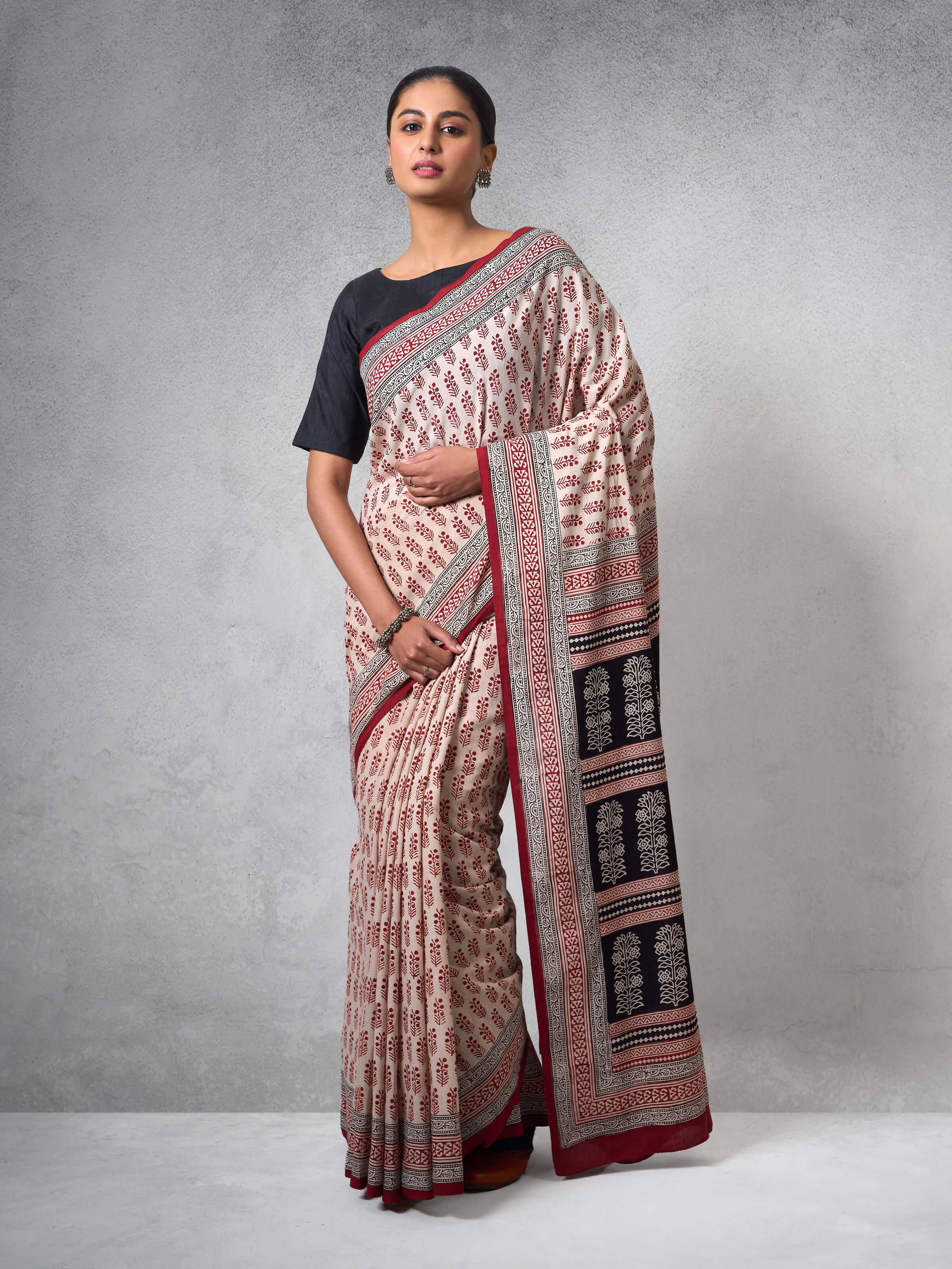 Off-white Cotton Bagh Block Printed Saree