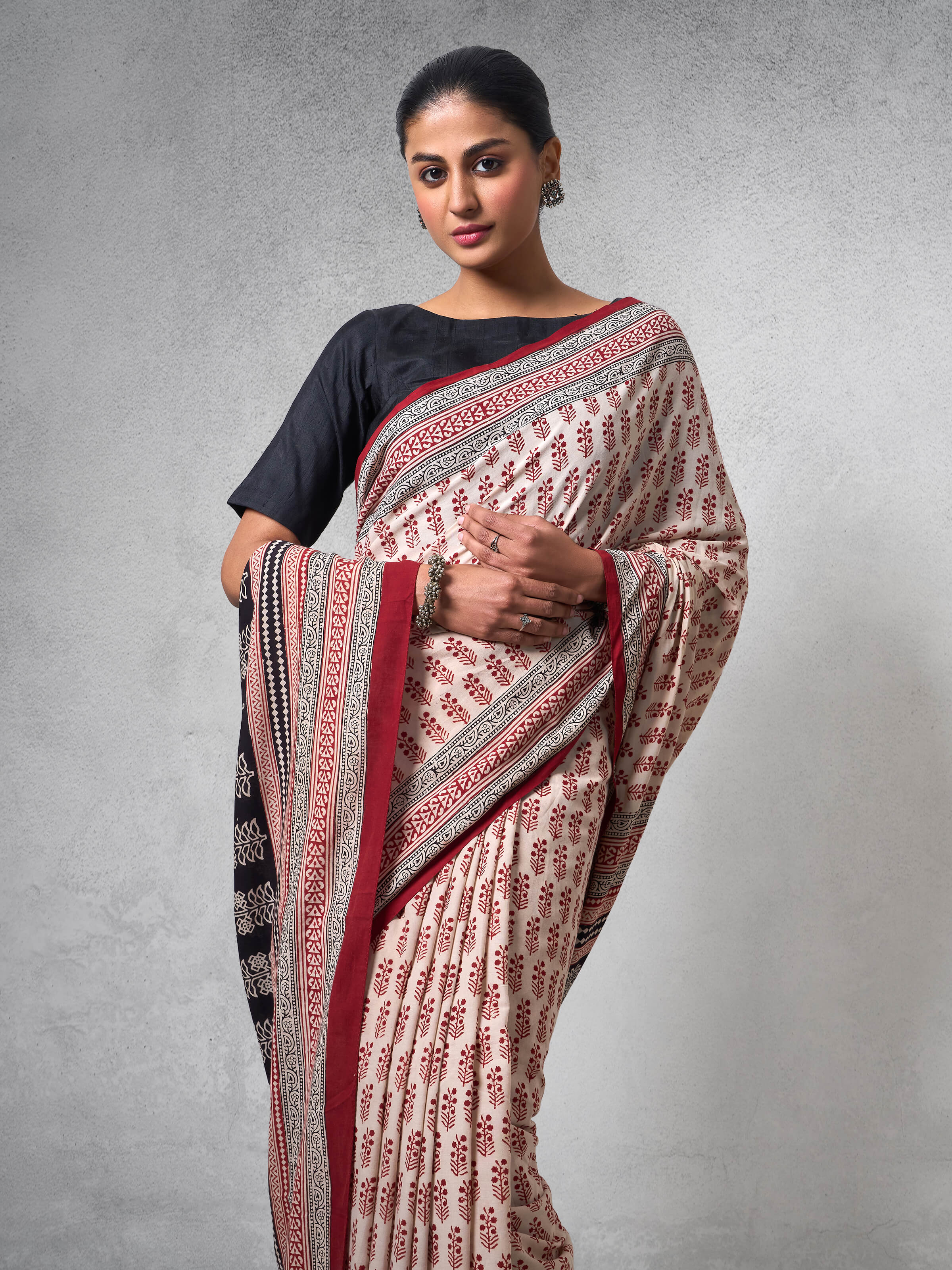Off-white Cotton Bagh Block Printed Saree