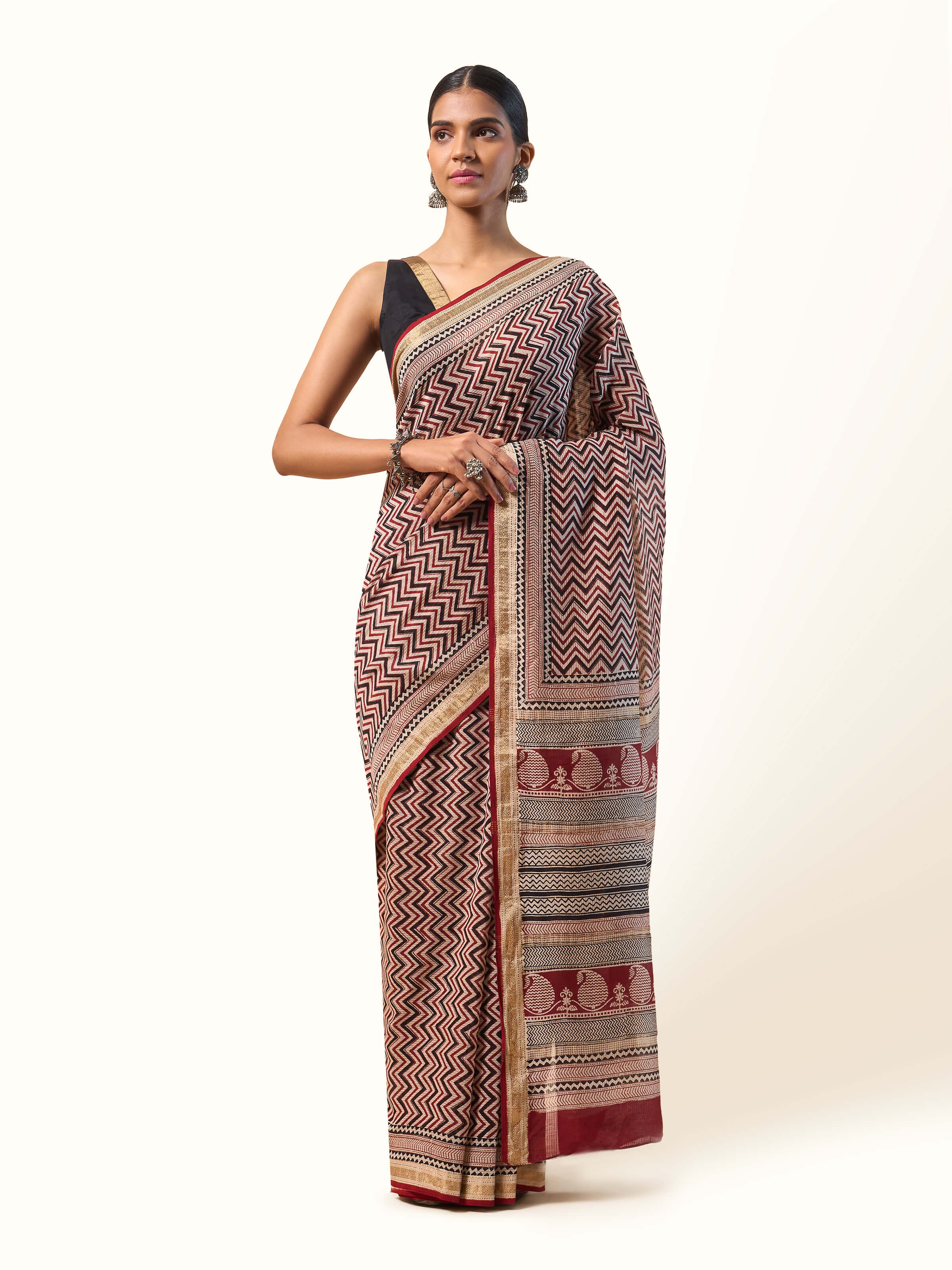 Black Cotton Silk Bagh Block Printed Saree