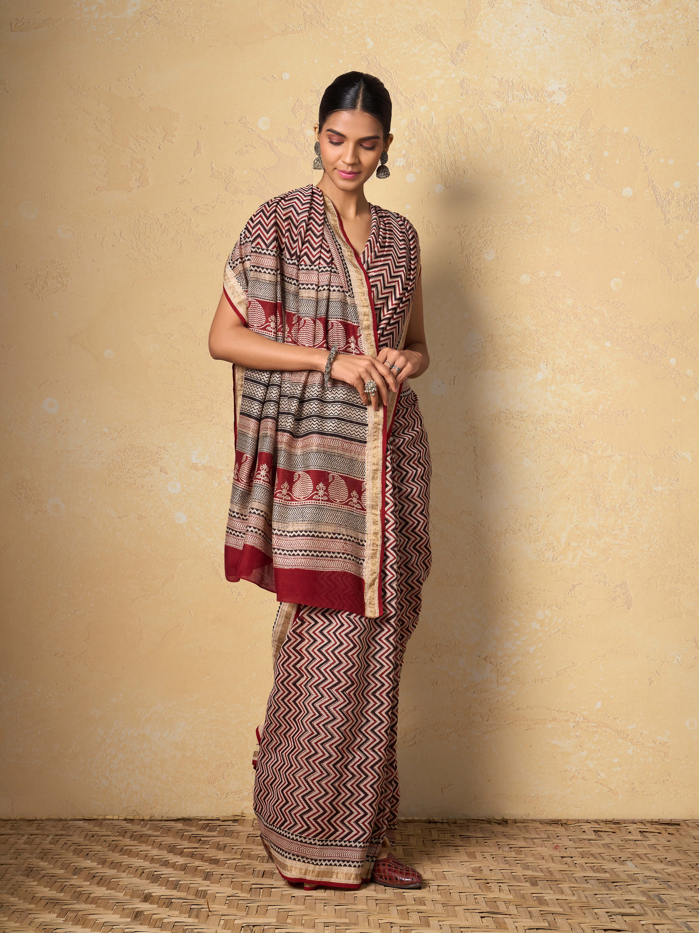 Black Cotton Silk Bagh Block Printed Saree