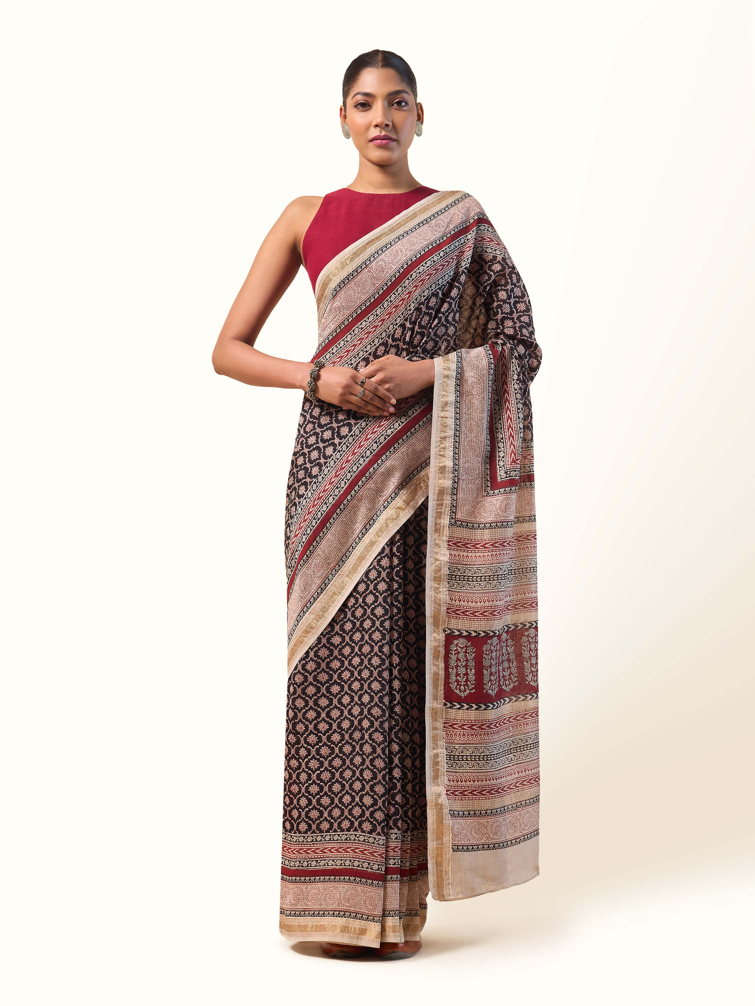 Black & Beige Chanderi Cotton Silk Bagh Block Printed Saree