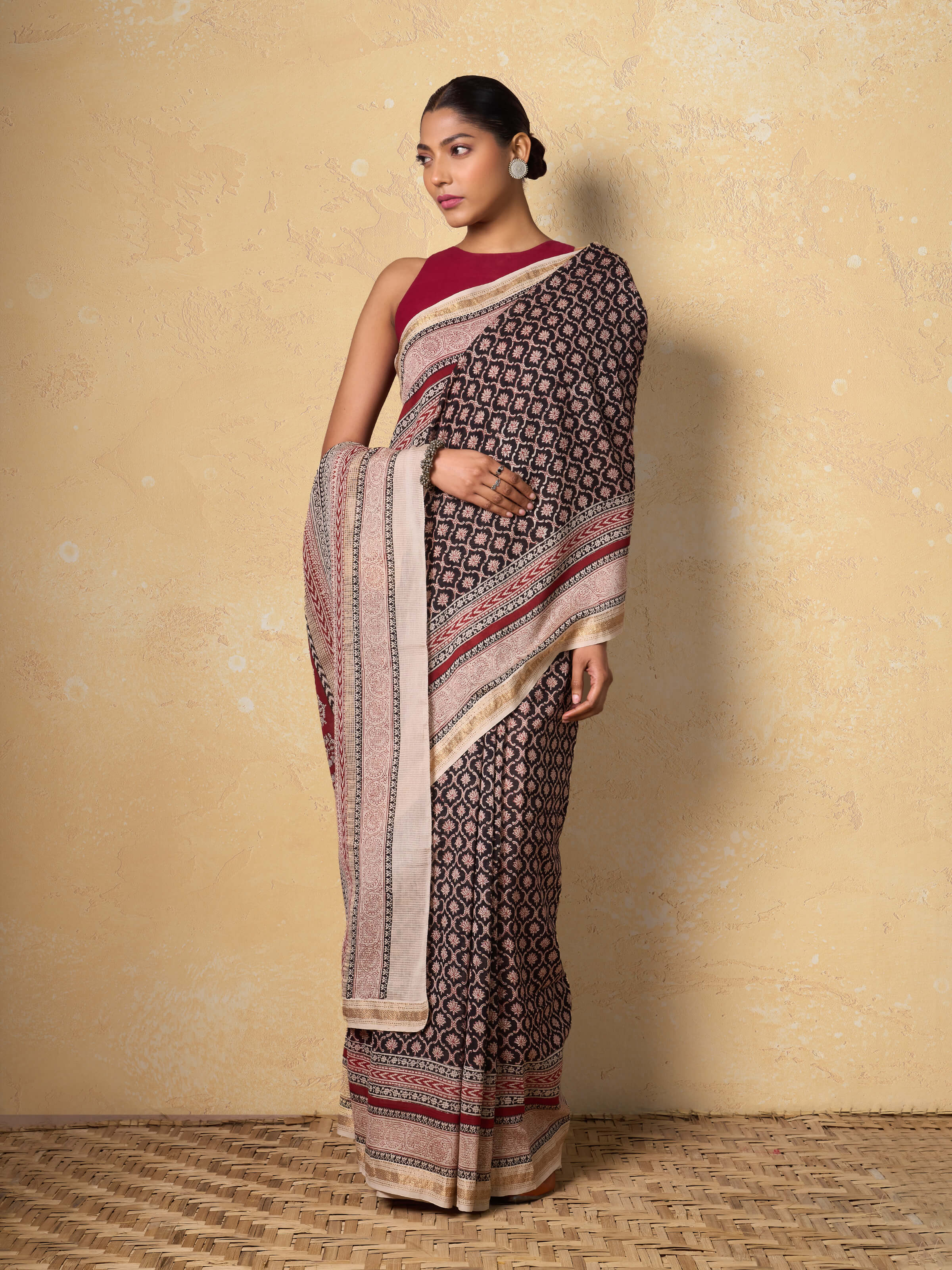 Black & Beige Chanderi Cotton Silk Bagh Block Printed Saree