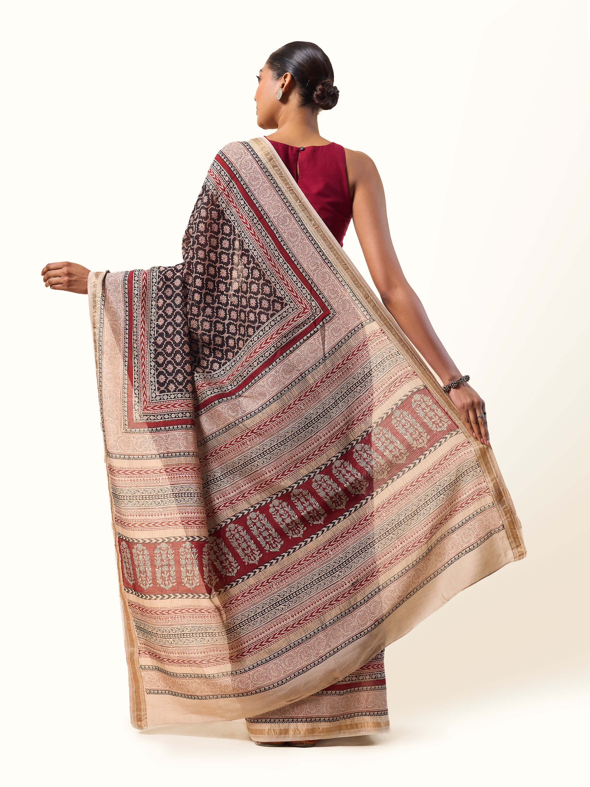 Black & Beige Chanderi Cotton Silk Bagh Block Printed Saree