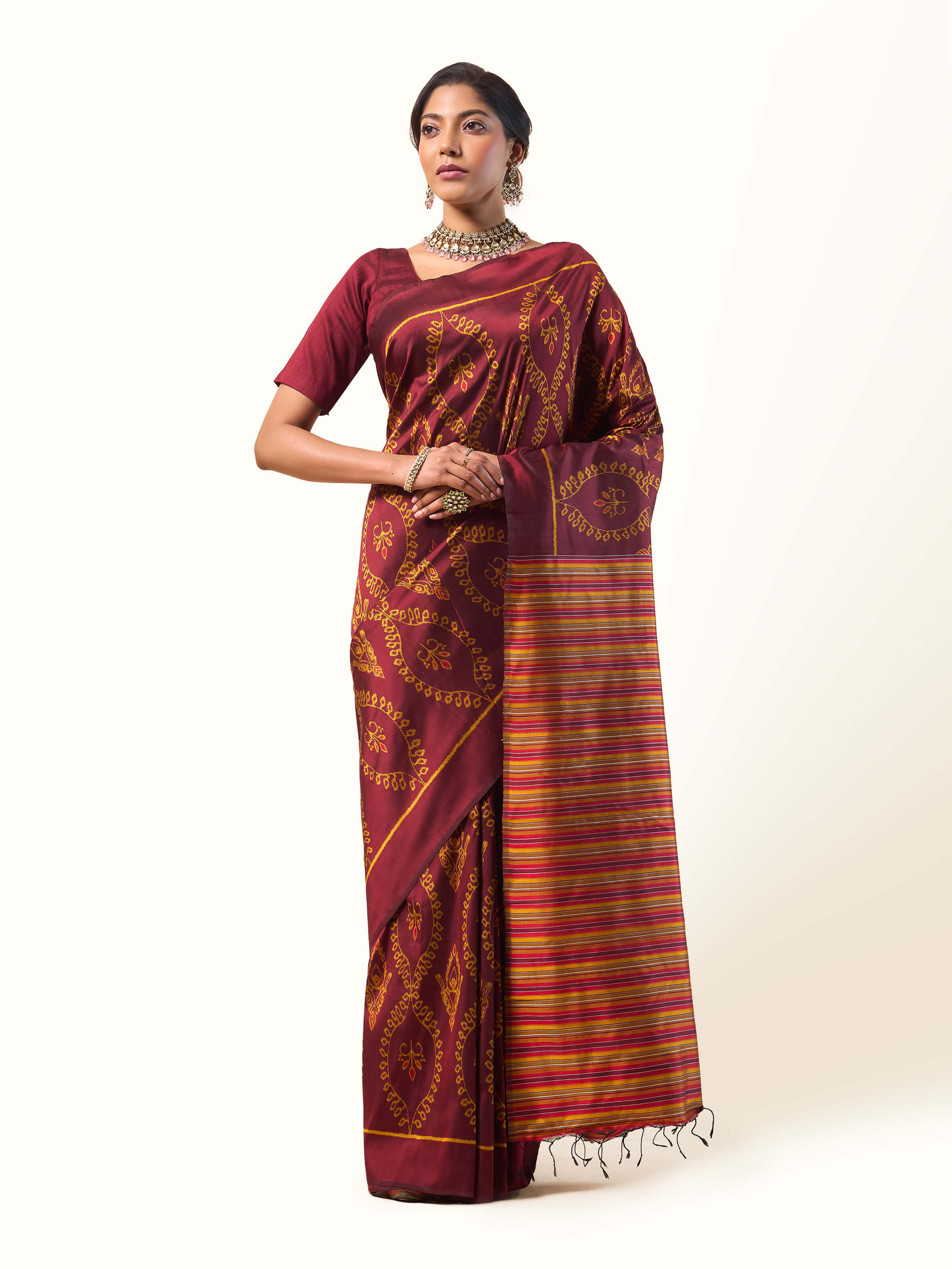 Brown Mulberry Silk Odisha Ikat Bandha Saree