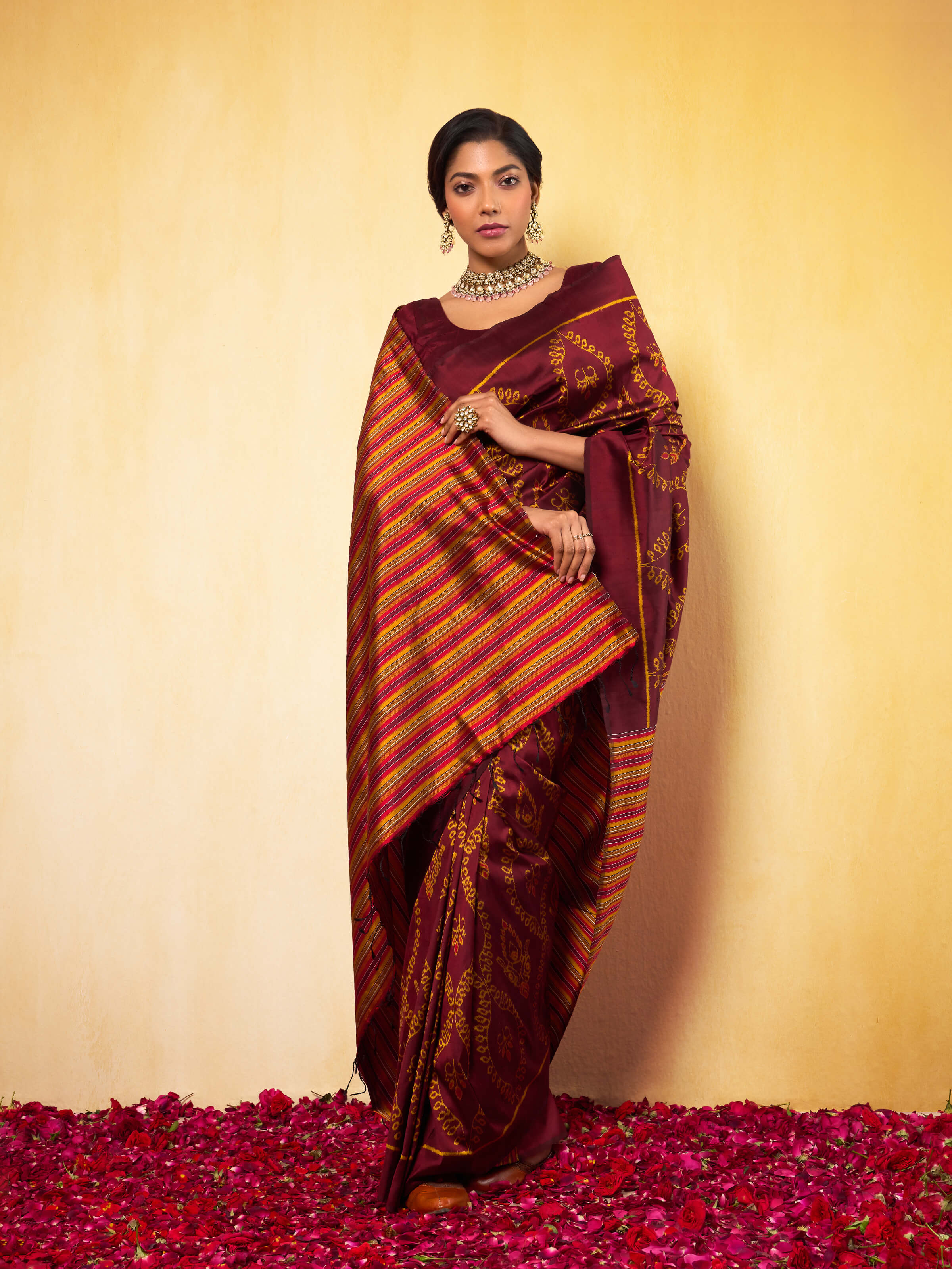 Brown Mulberry Silk Odisha Ikat Bandha Saree