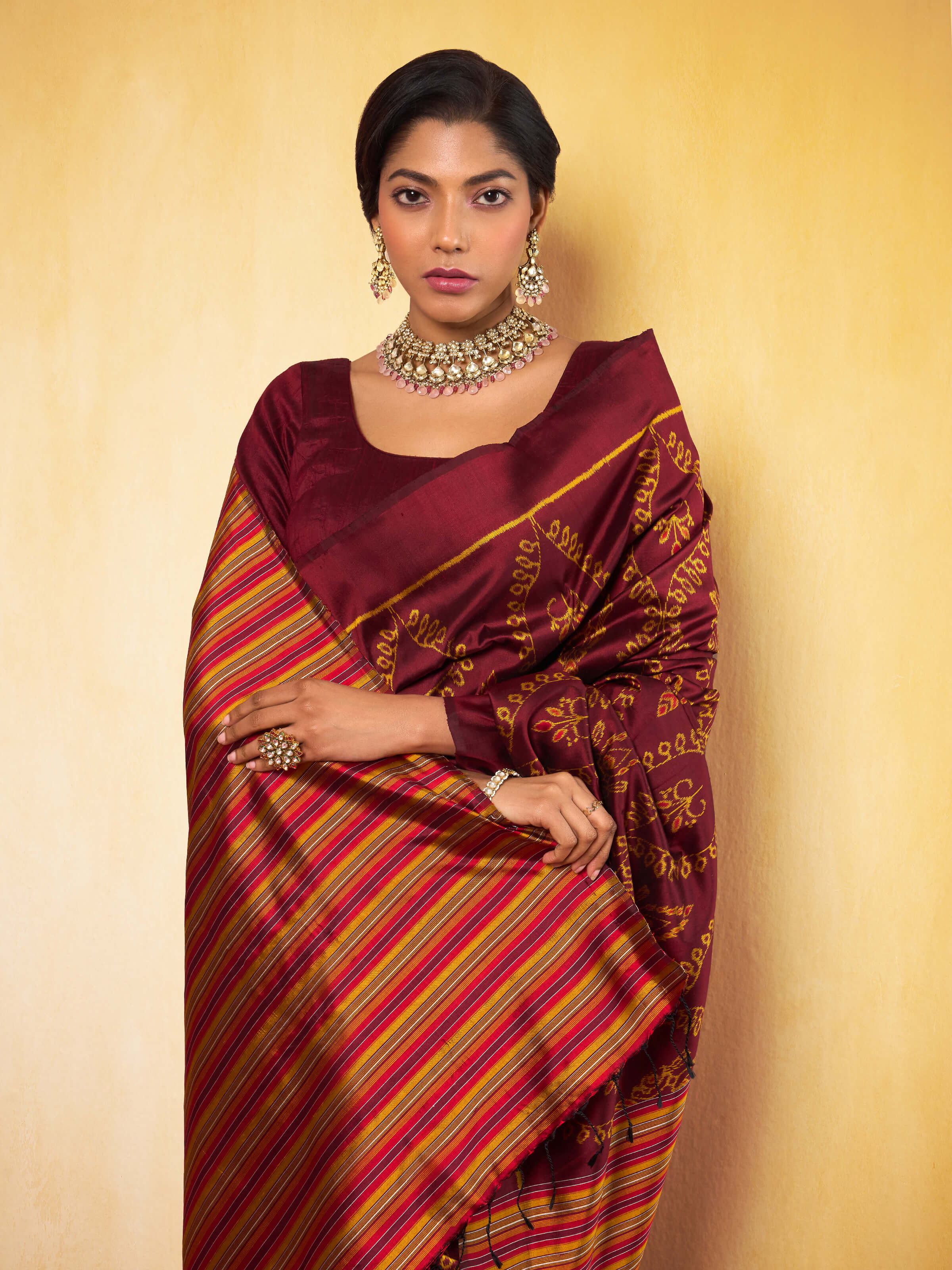 Brown Mulberry Silk Odisha Ikat Bandha Saree