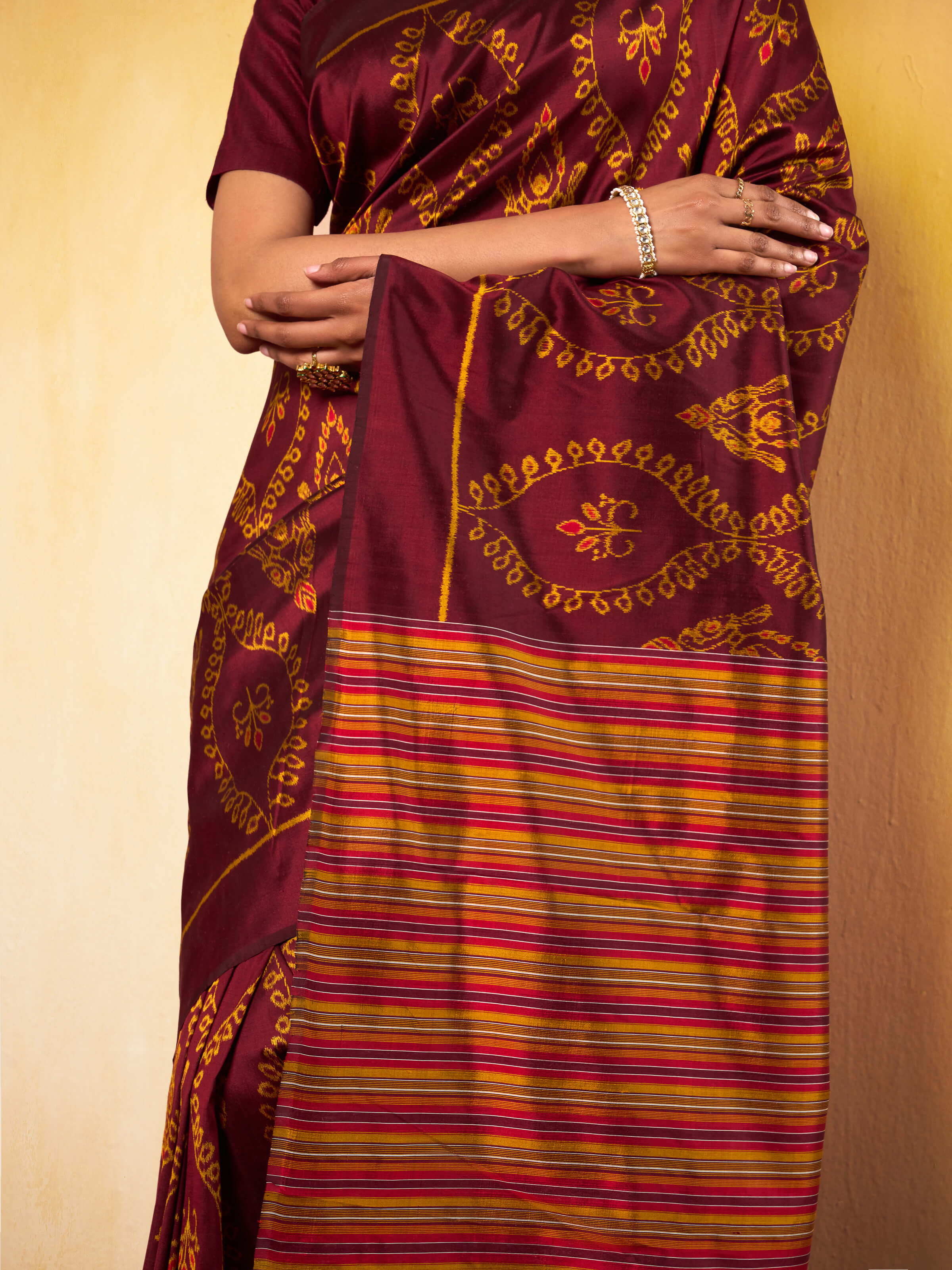 Brown Mulberry Silk Odisha Ikat Bandha Saree