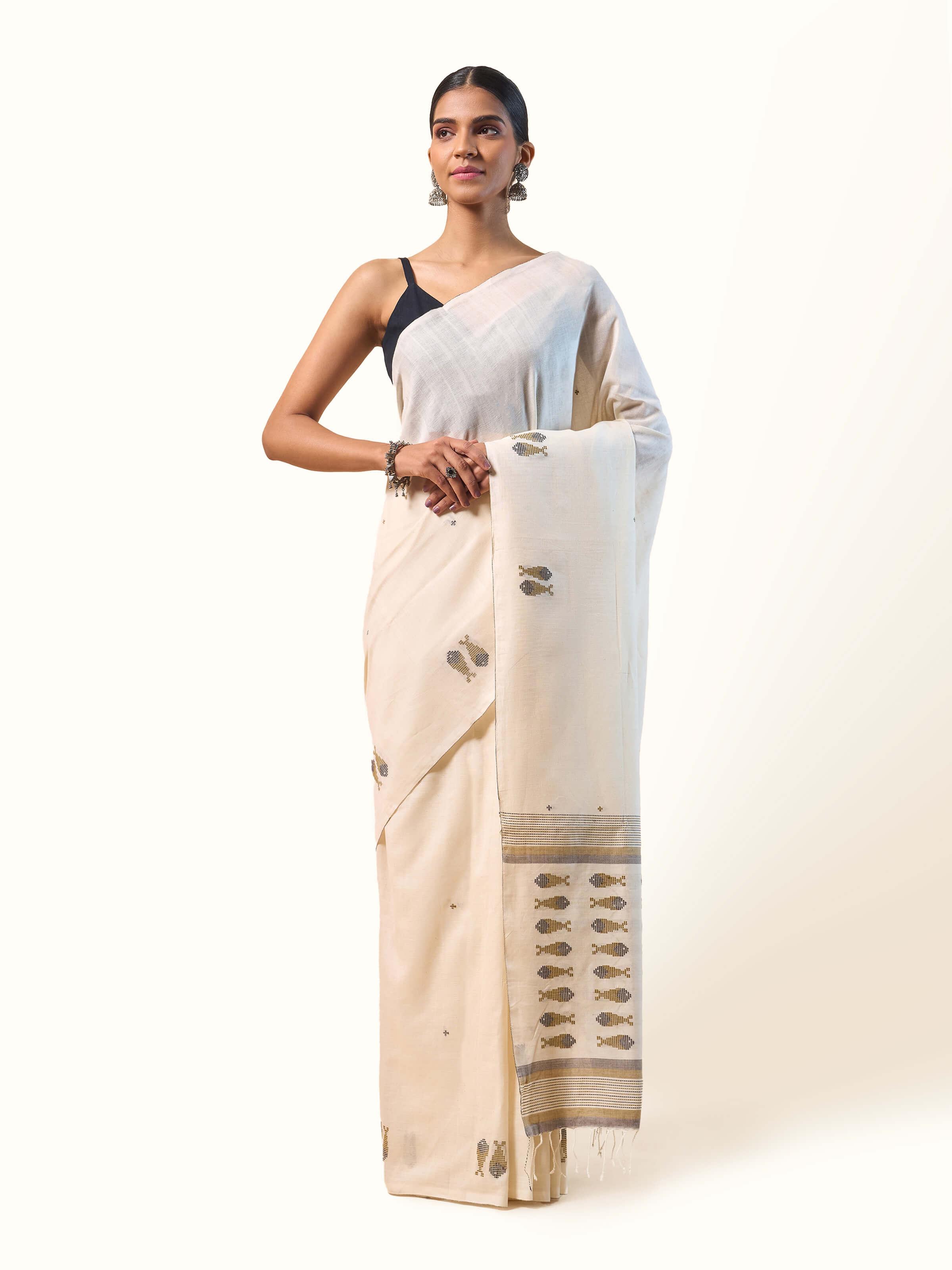 Off-white & Gold Cotton Extra-weft Saree
