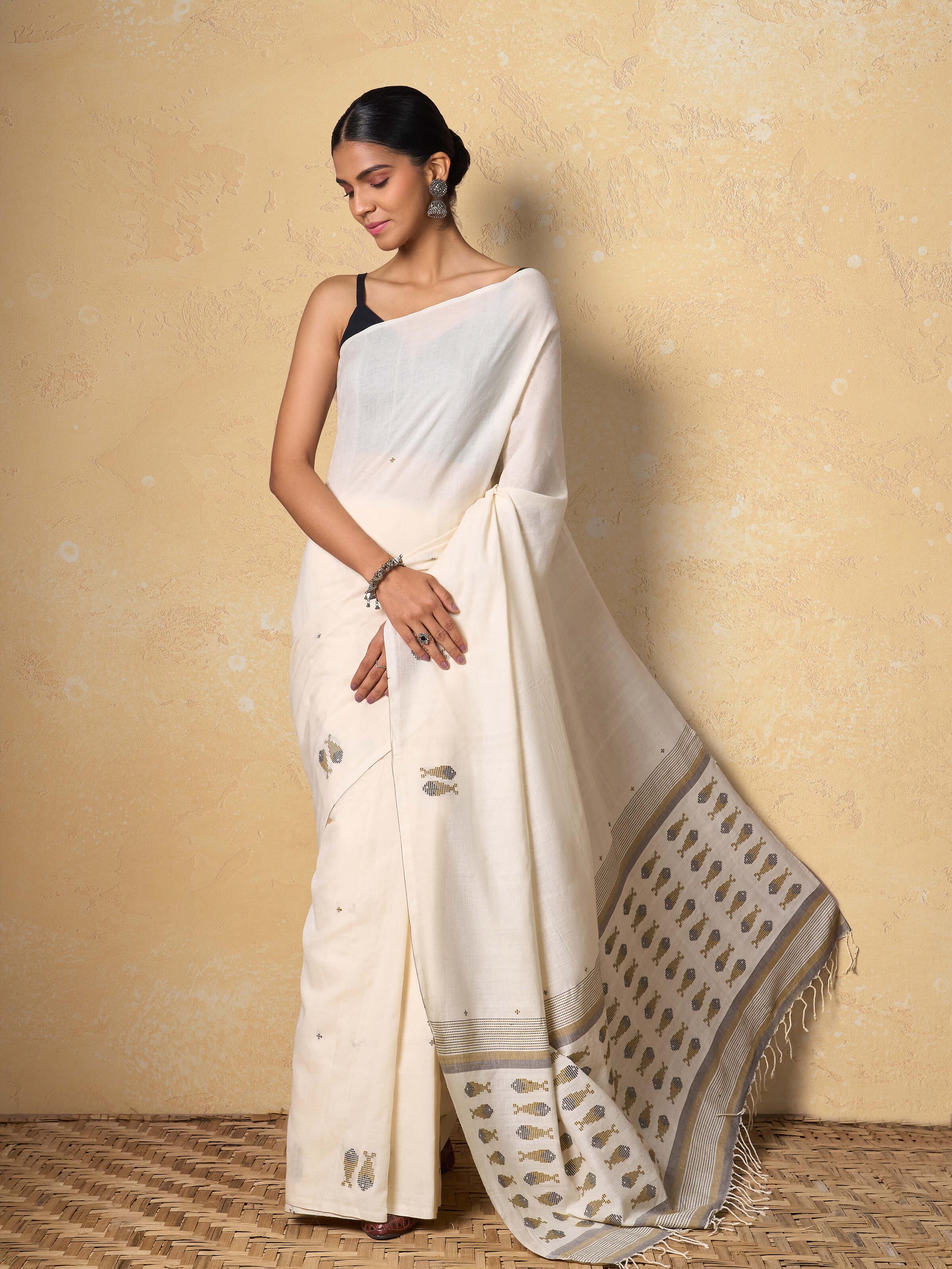 Off-white & Gold Cotton Extra-weft Saree