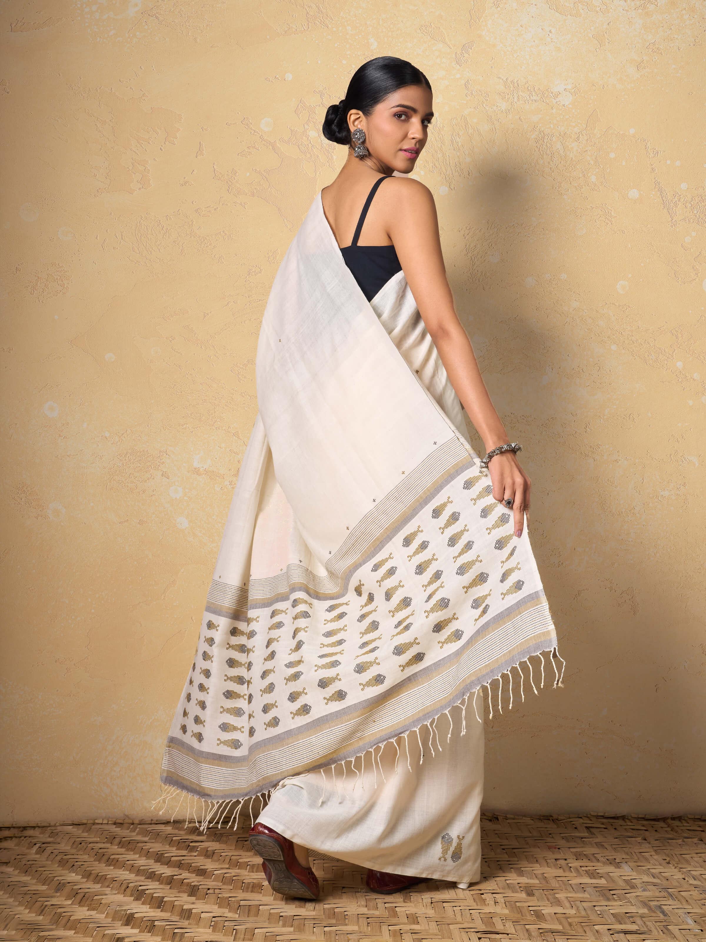 Off-white & Gold Cotton Extra-weft Saree