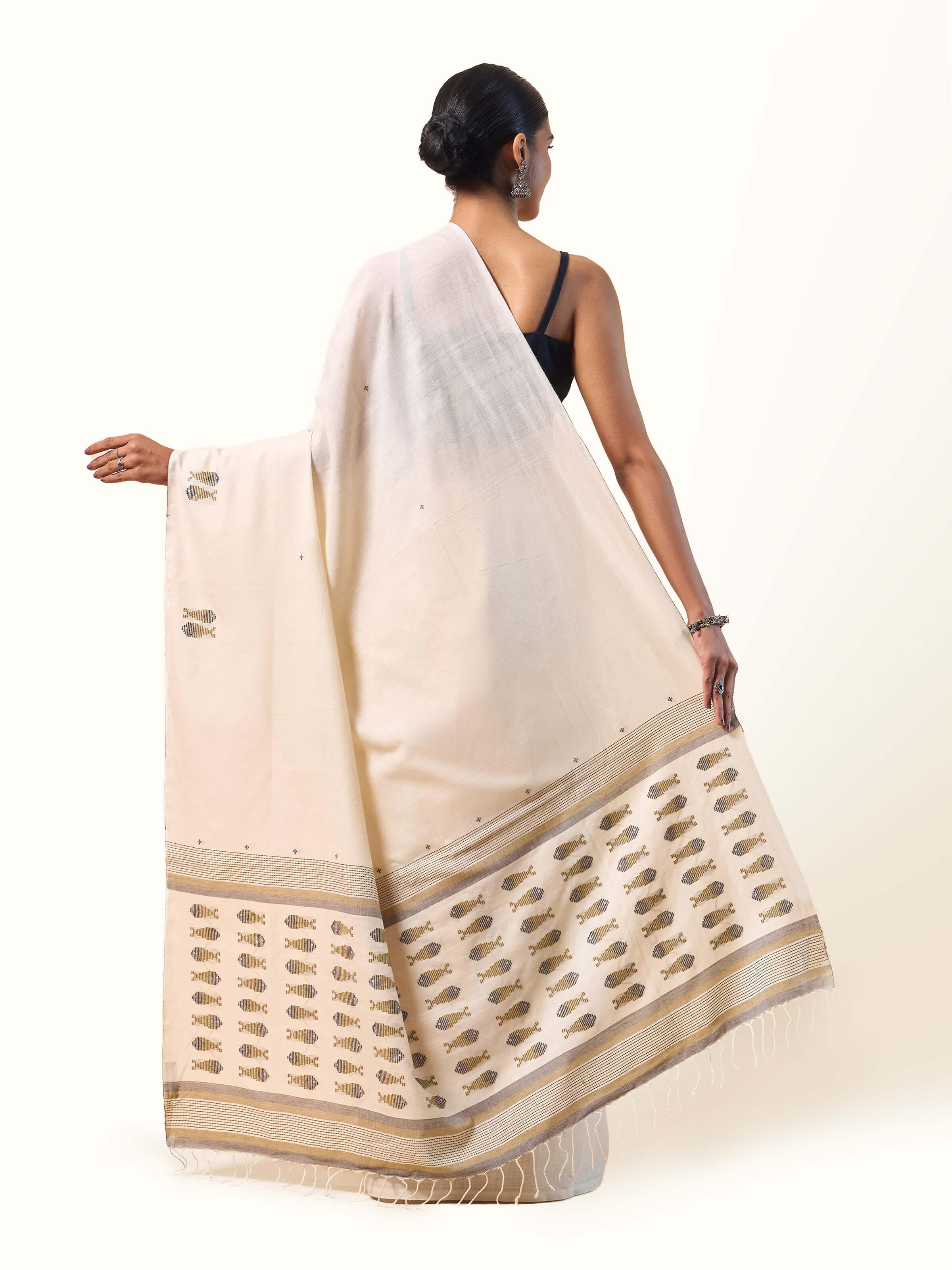 Off-white & Gold Cotton Extra-weft Saree