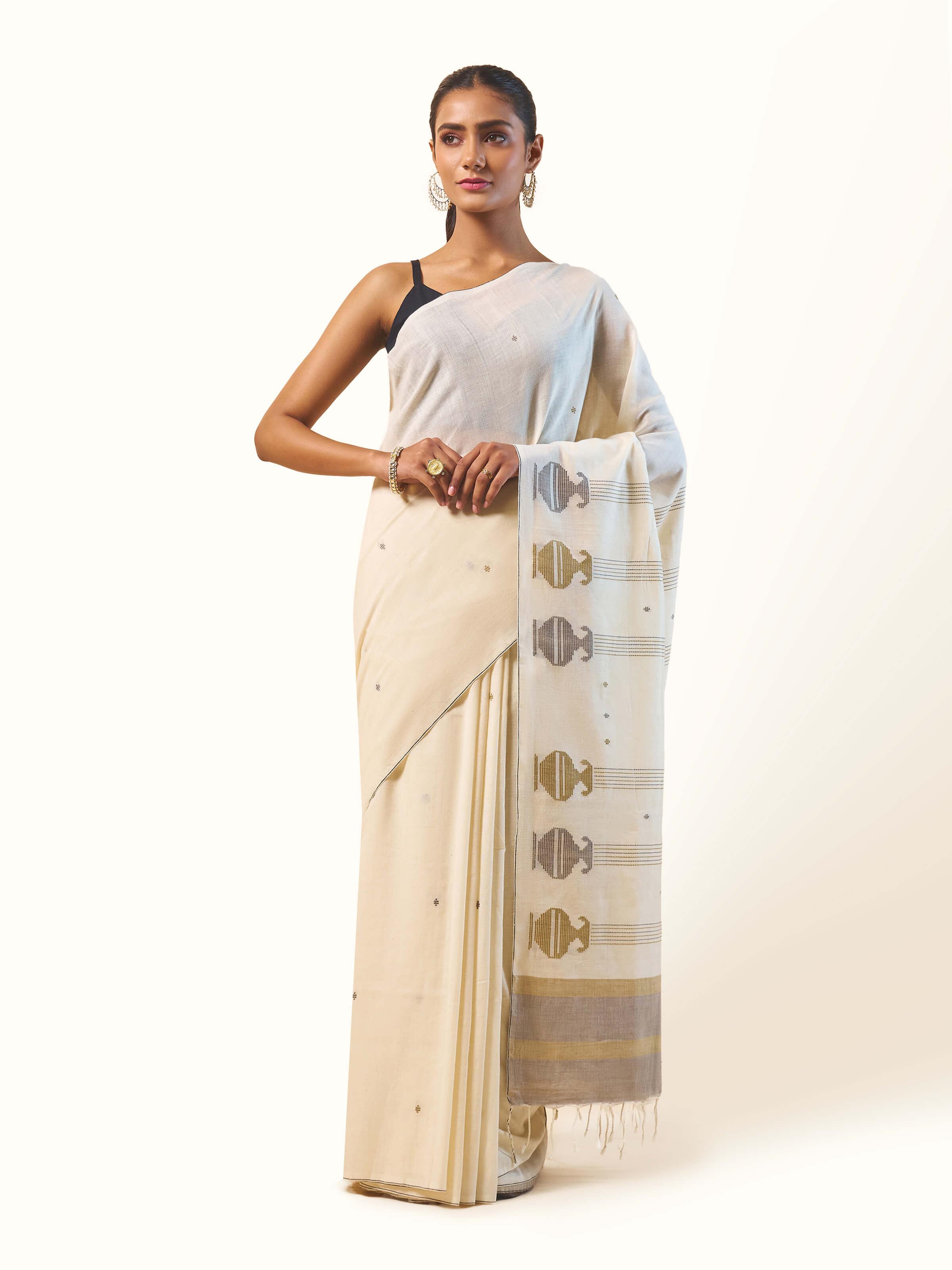 Off-white & Gold Cotton Extra-weft Saree