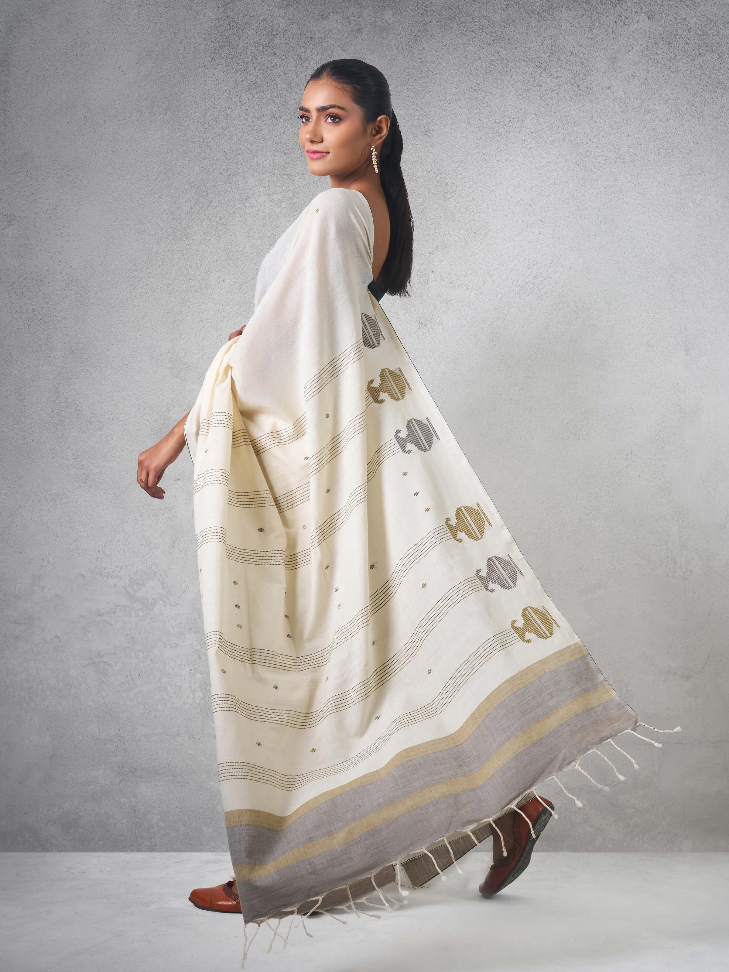 Off-white & Gold Cotton Extra-weft Saree