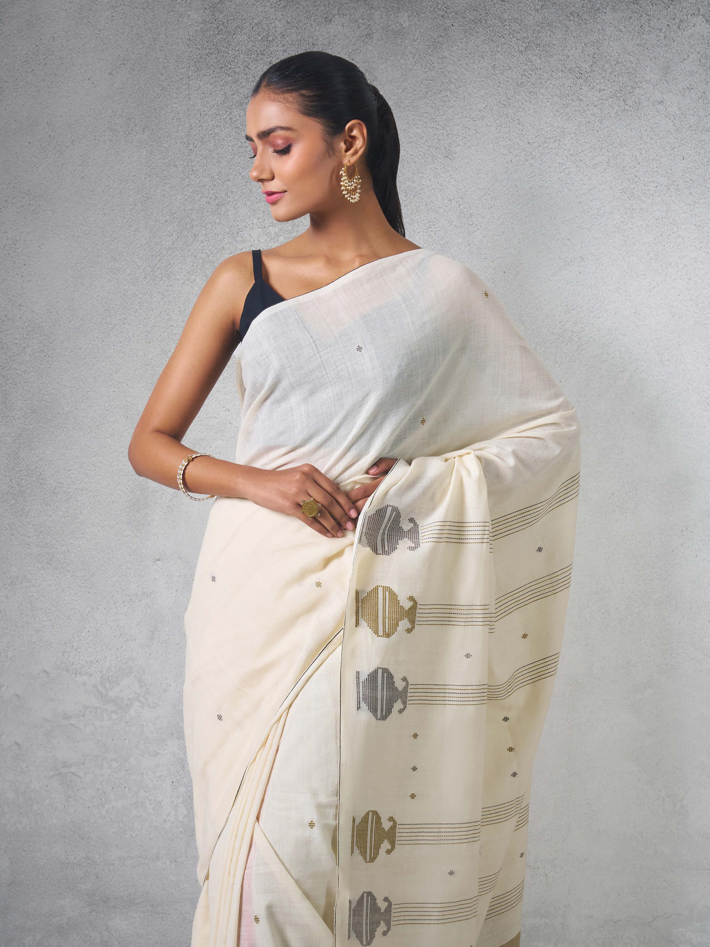 Off-white & Gold Cotton Extra-weft Saree