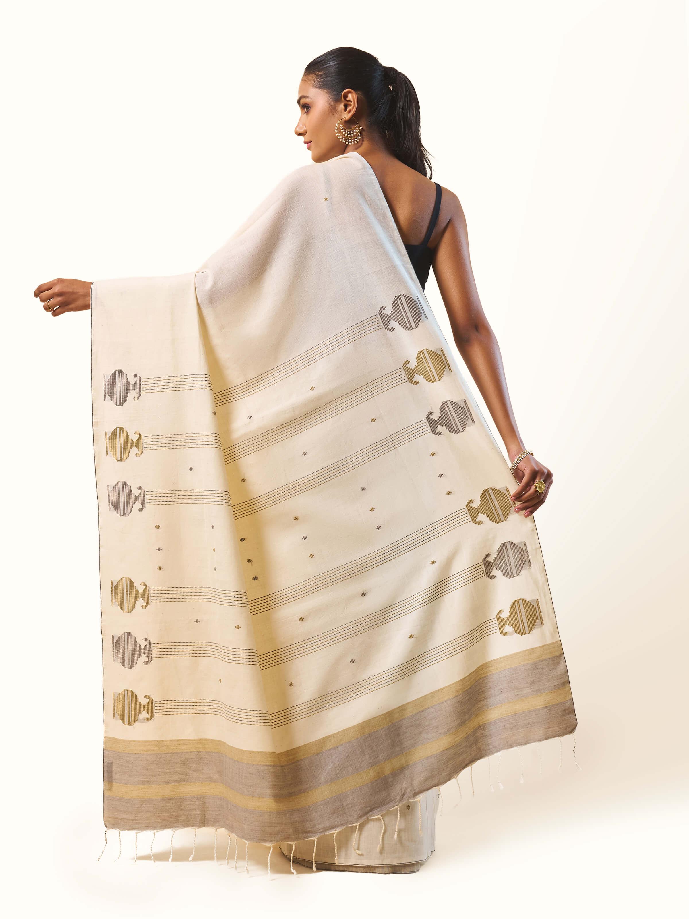 Off-white & Gold Cotton Extra-weft Saree