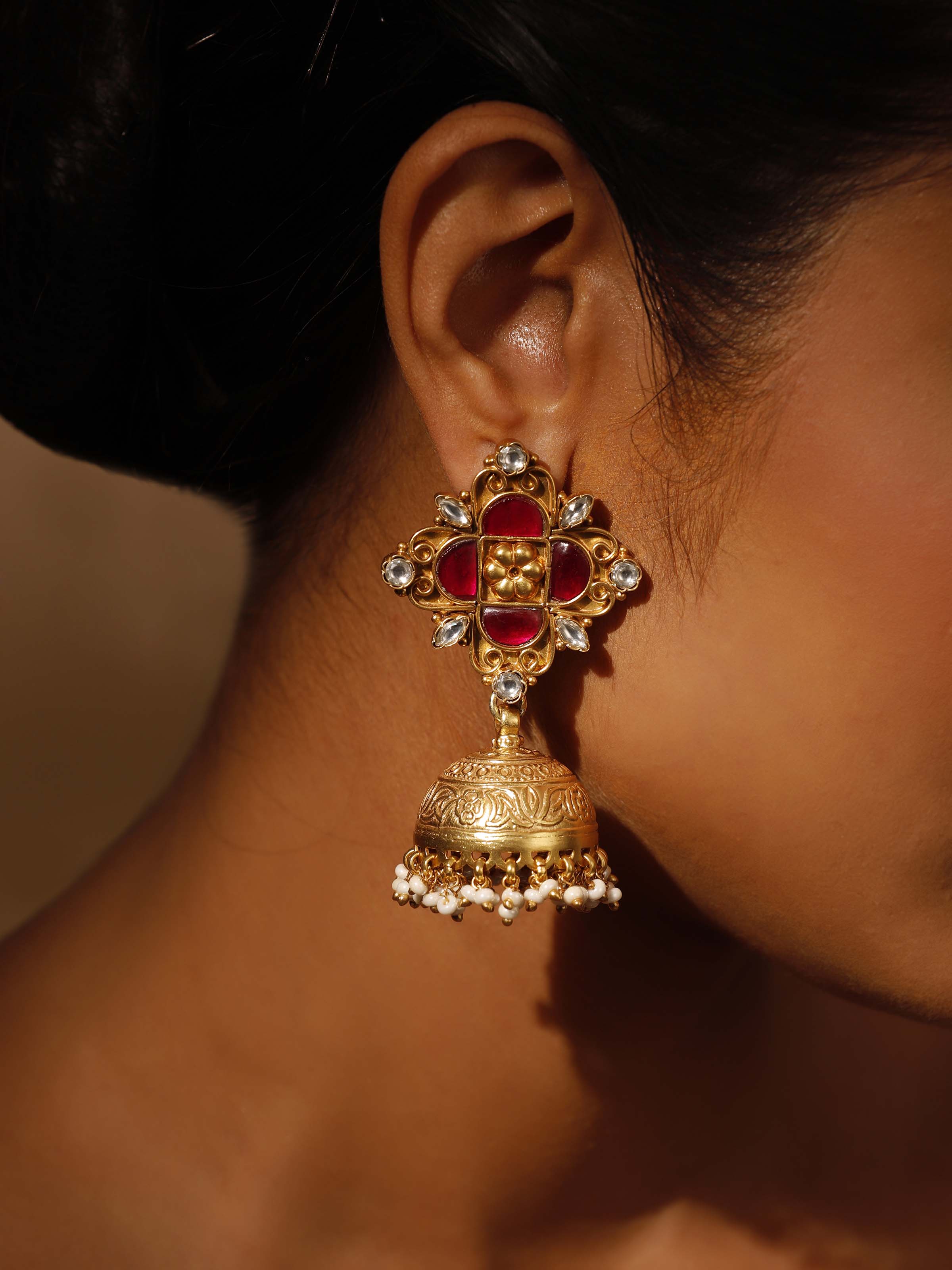 Close-up view of Silver Smithing Jhumkas highlighting fine detailing and traditional artistry.