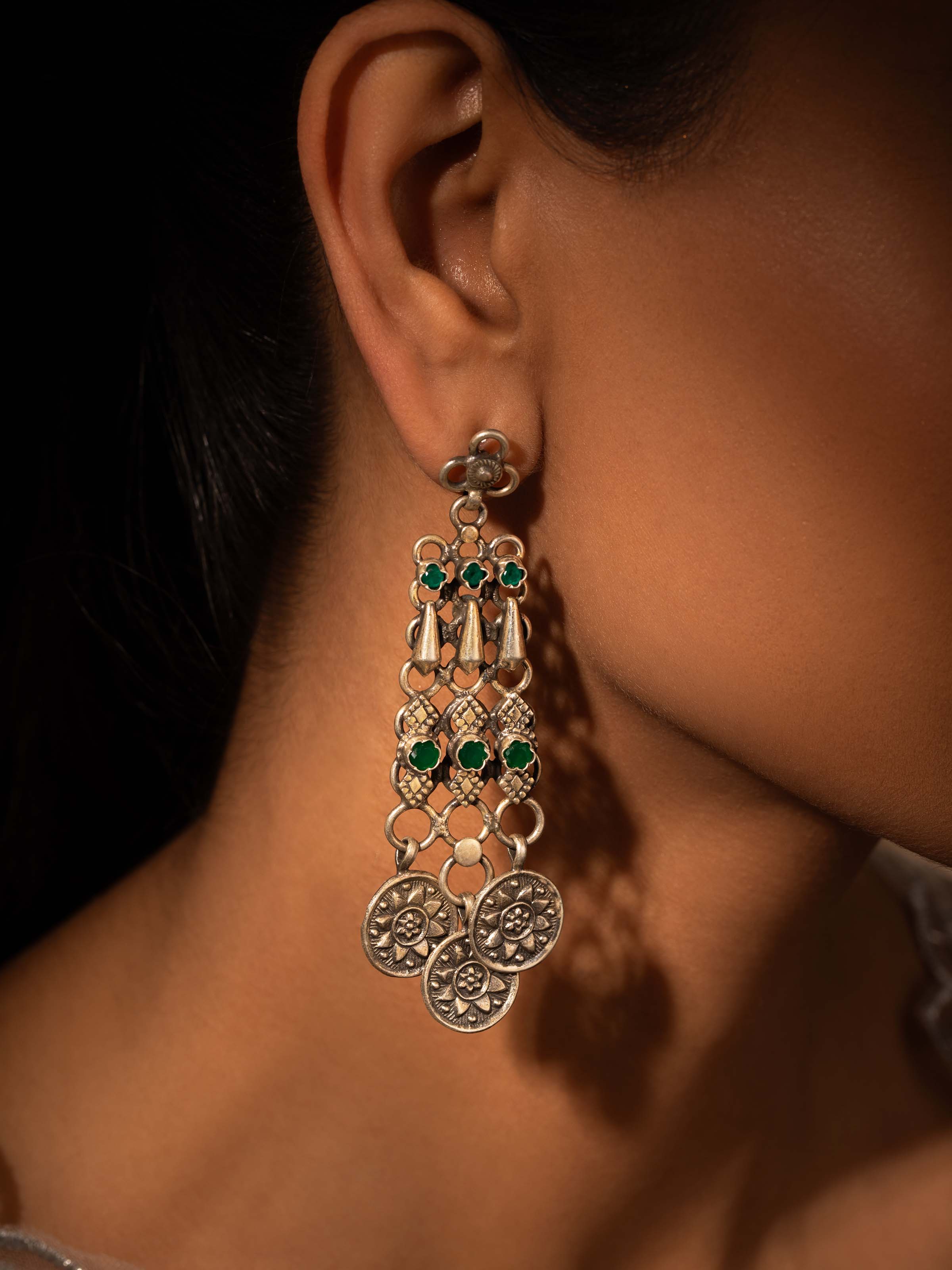 Side view of Silver Smithing Stud Earrings highlighting detailed craftsmanship by Swadesh