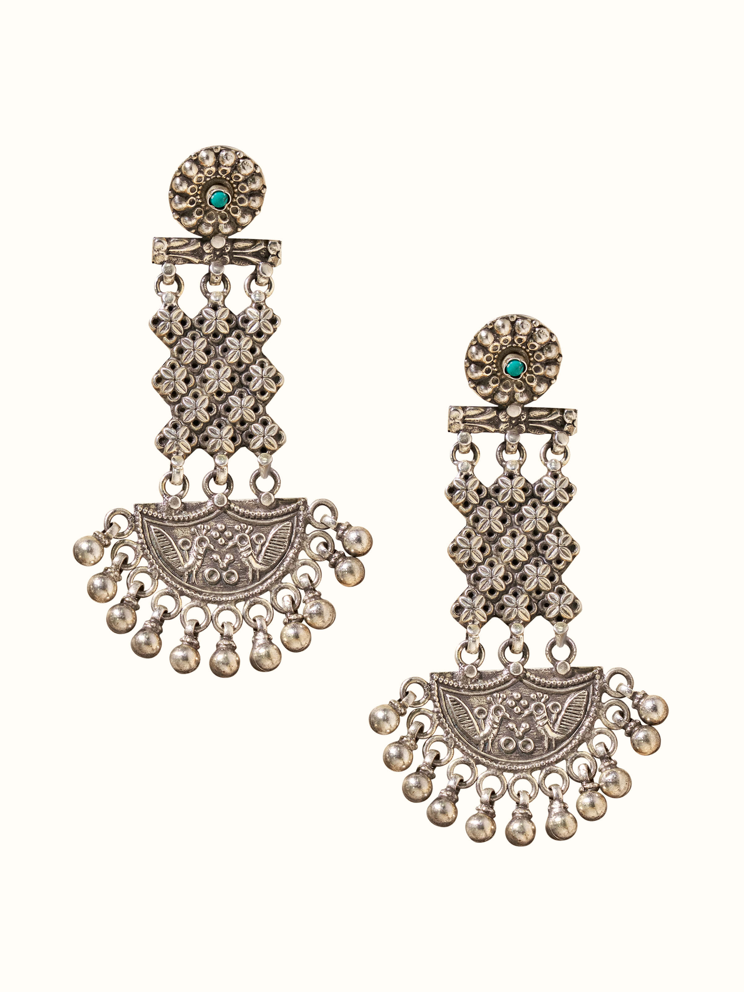 Front view of Silver Smithing Chandelier Earrings showcasing intricate silver design and elegant chandelier style.
