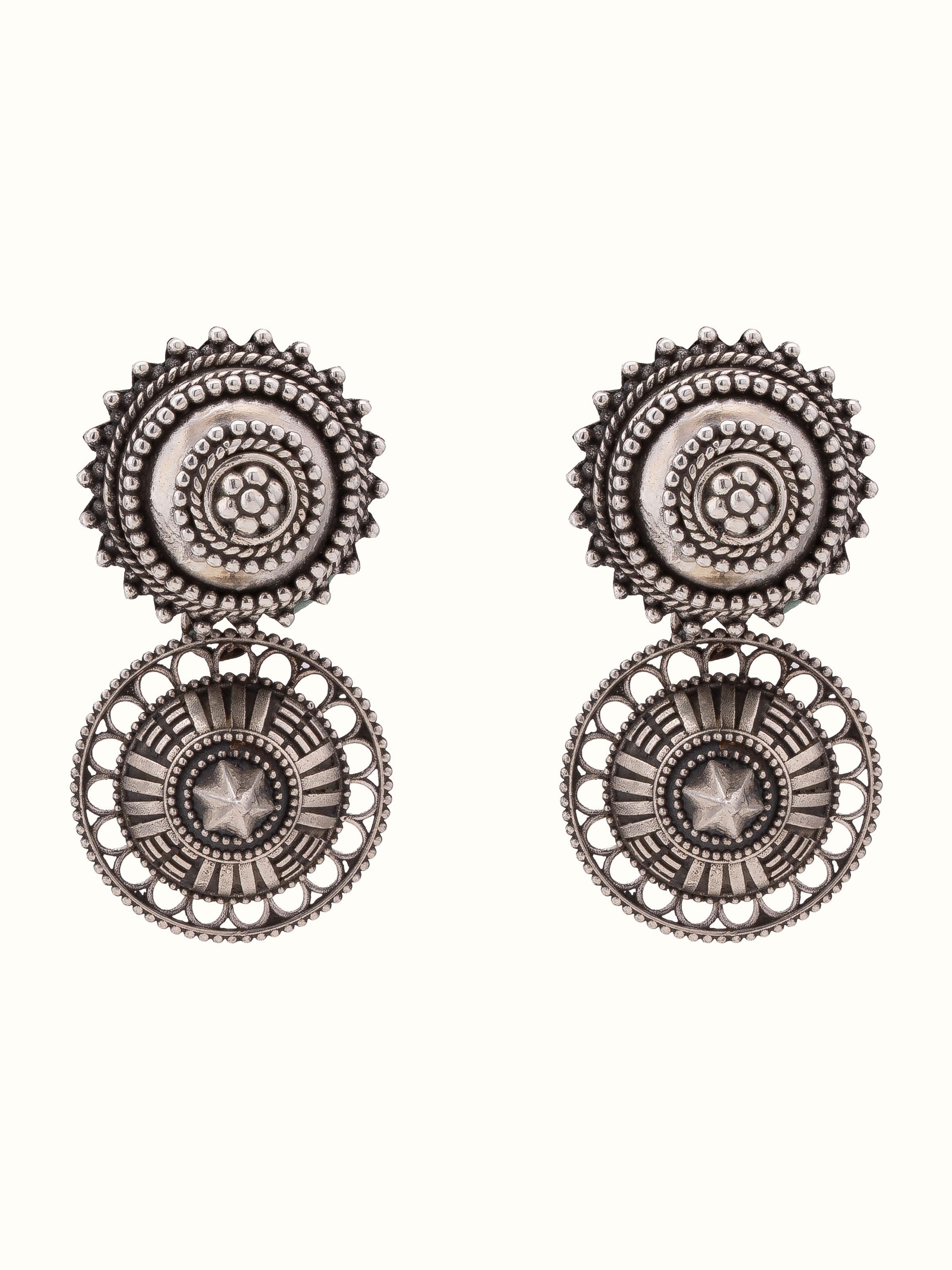 Front view of Silver Smithing Drop Earrings showcasing fine silver craftsmanship and design.