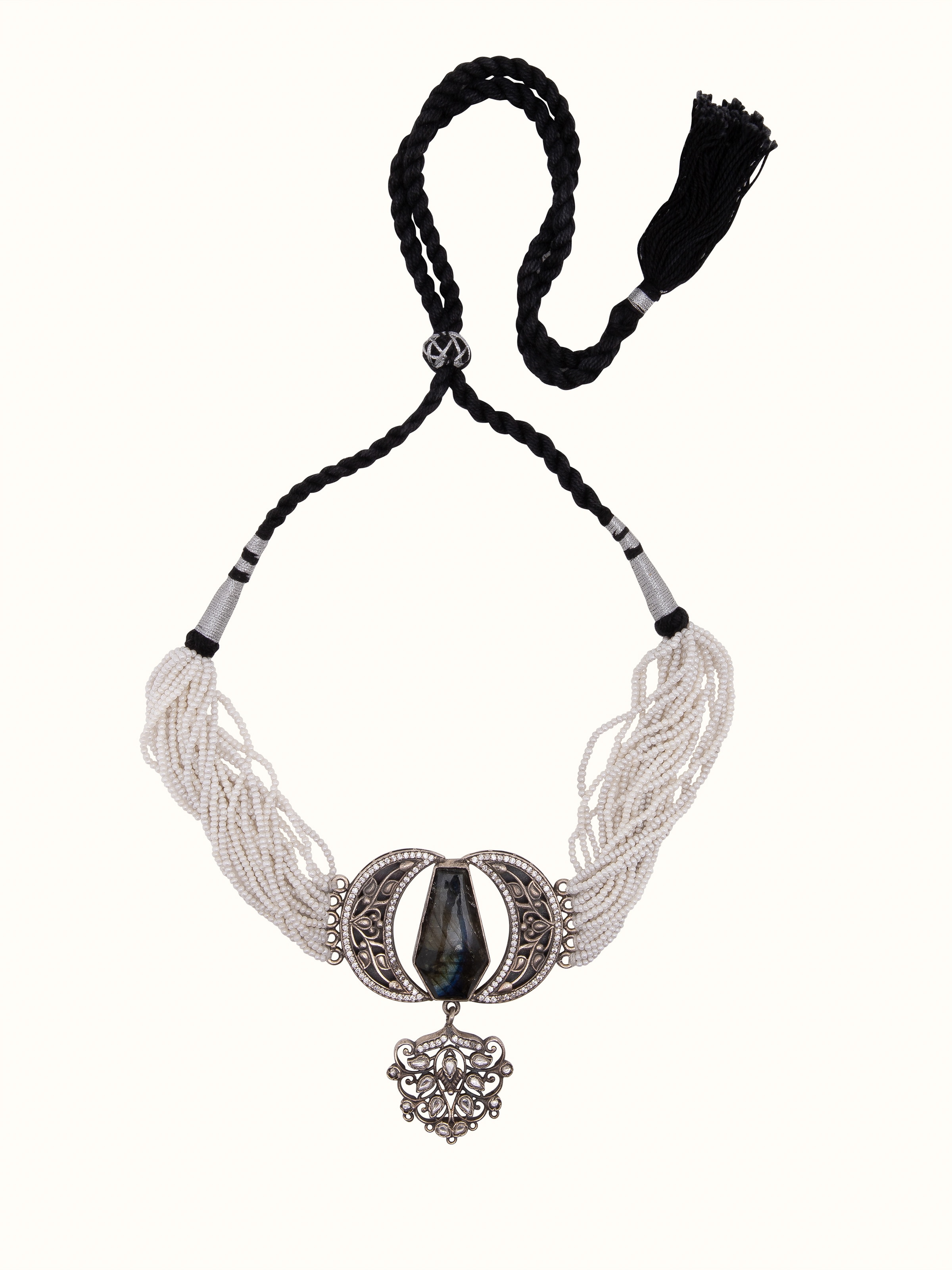 Front view of silver smithing choker highlighting its elegant design and detailed metalwork.