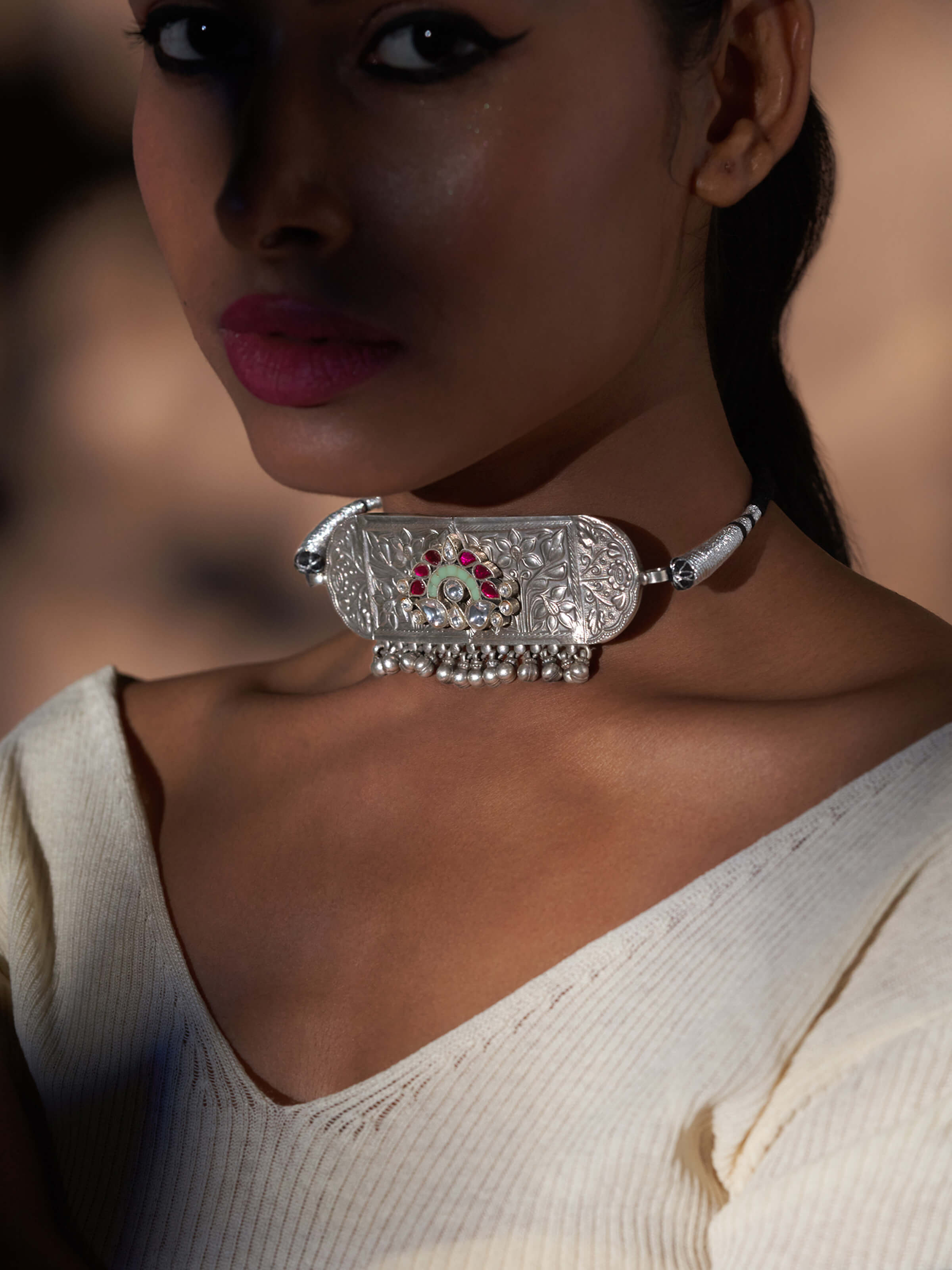 Close-up view of Silver Smithing Choker highlighting the fine craftsmanship and design details.