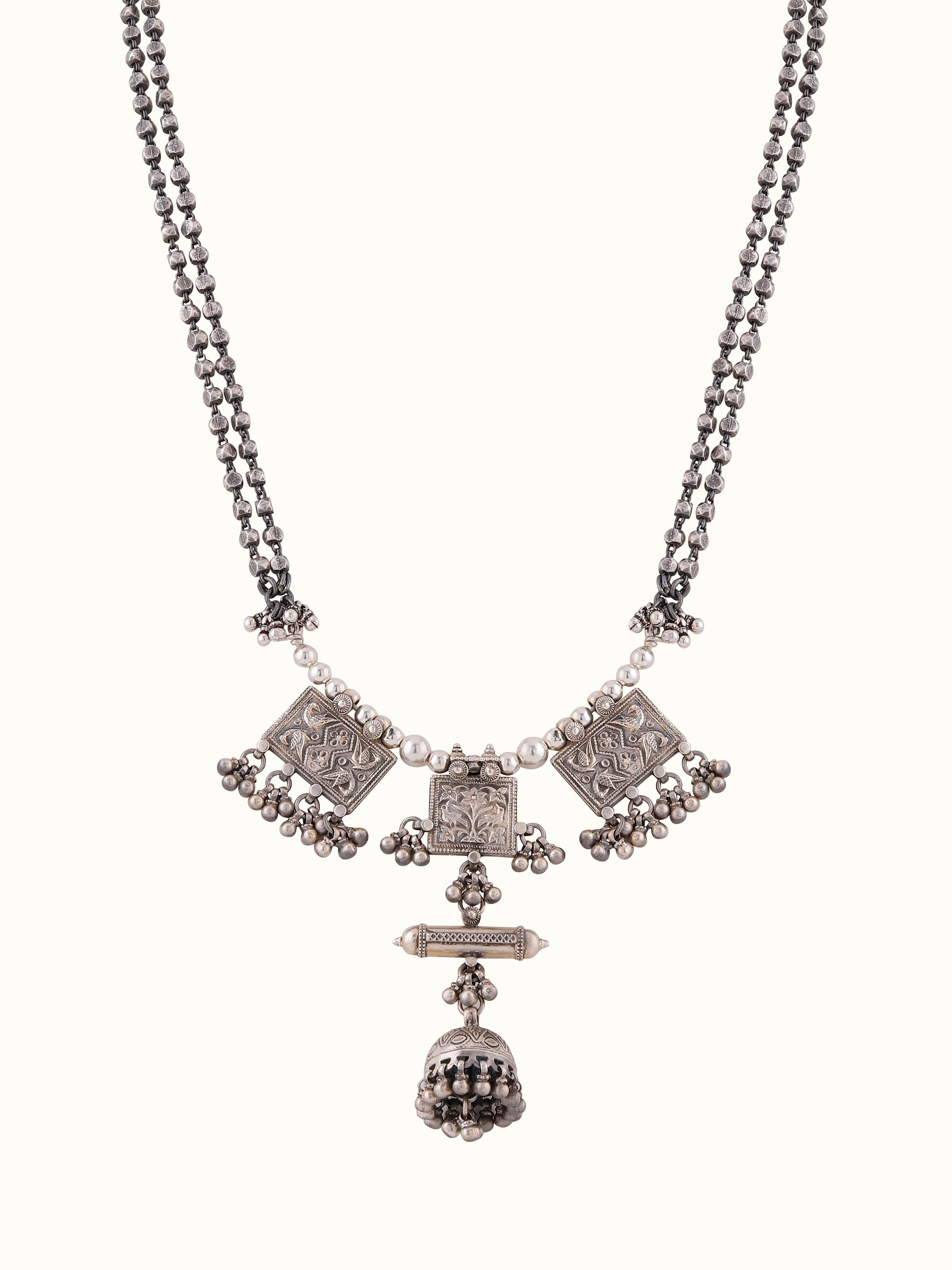 Front view of Silver Smithing Long Necklace with intricate patterns by Swadesh