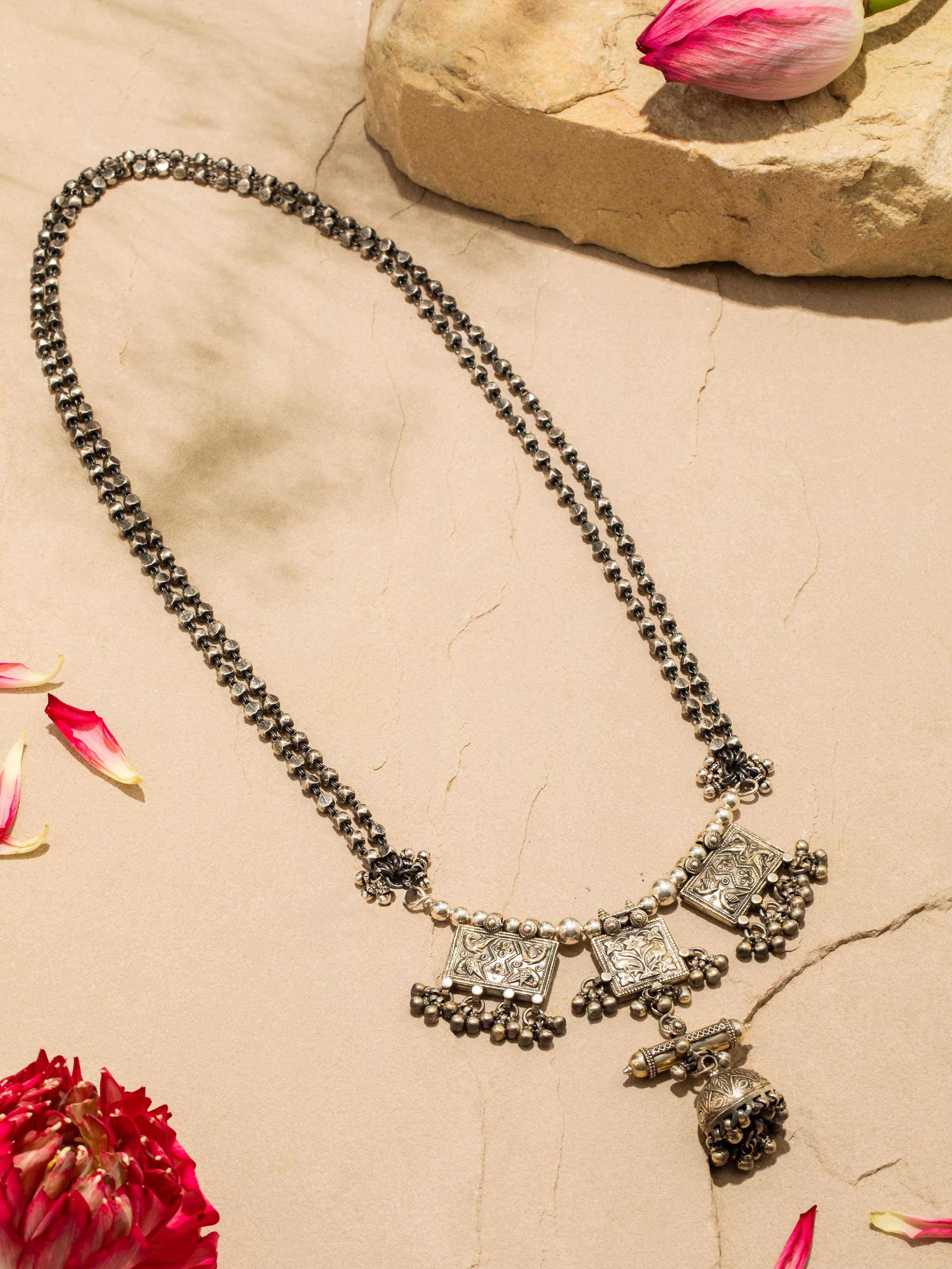 Full Overview of Silver Smithing Long Necklace featuring detailed artistry by Swadesh