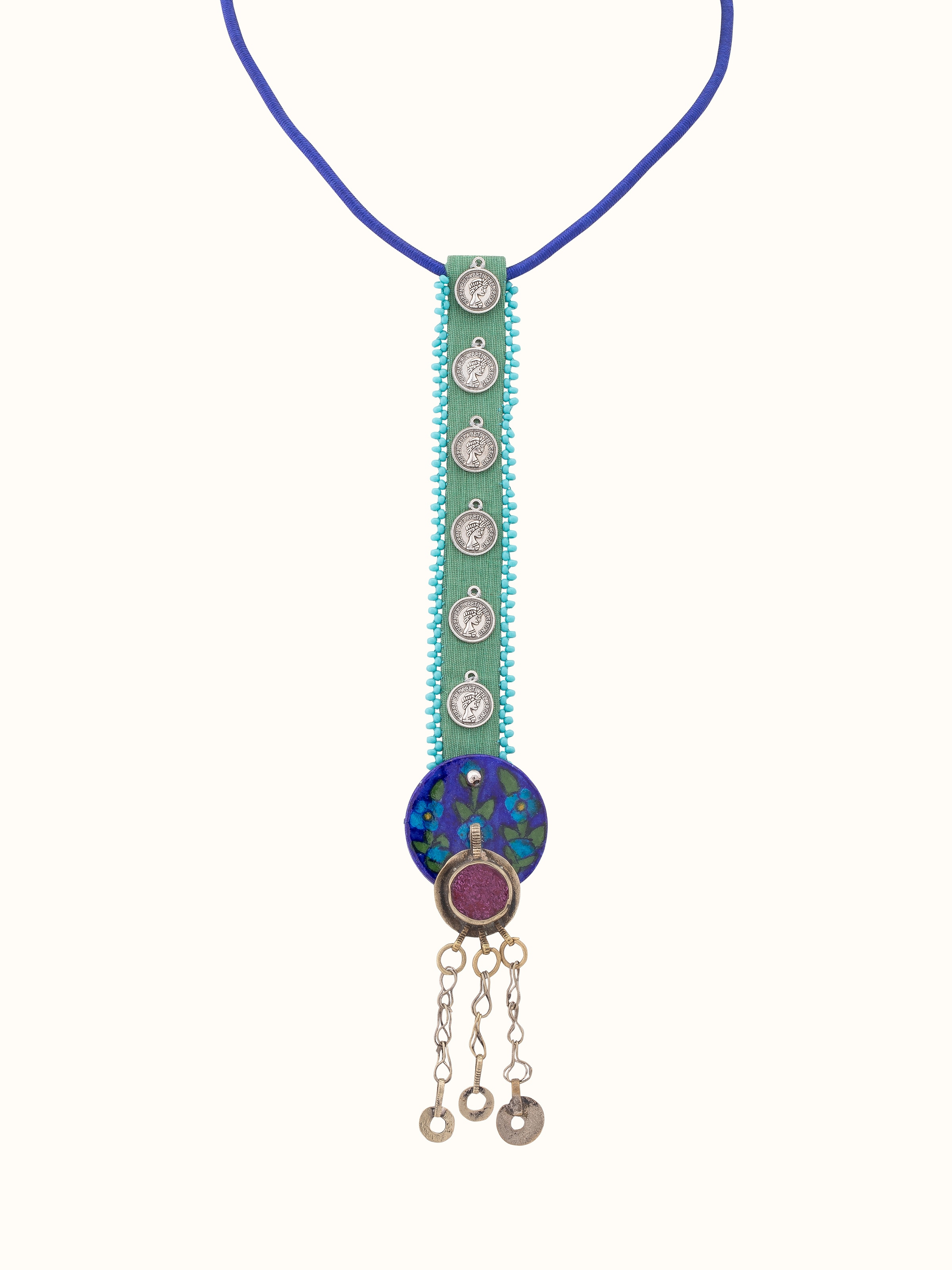 Front view of Ajrakh long necklace highlighting intricate patterns and antique silver finish