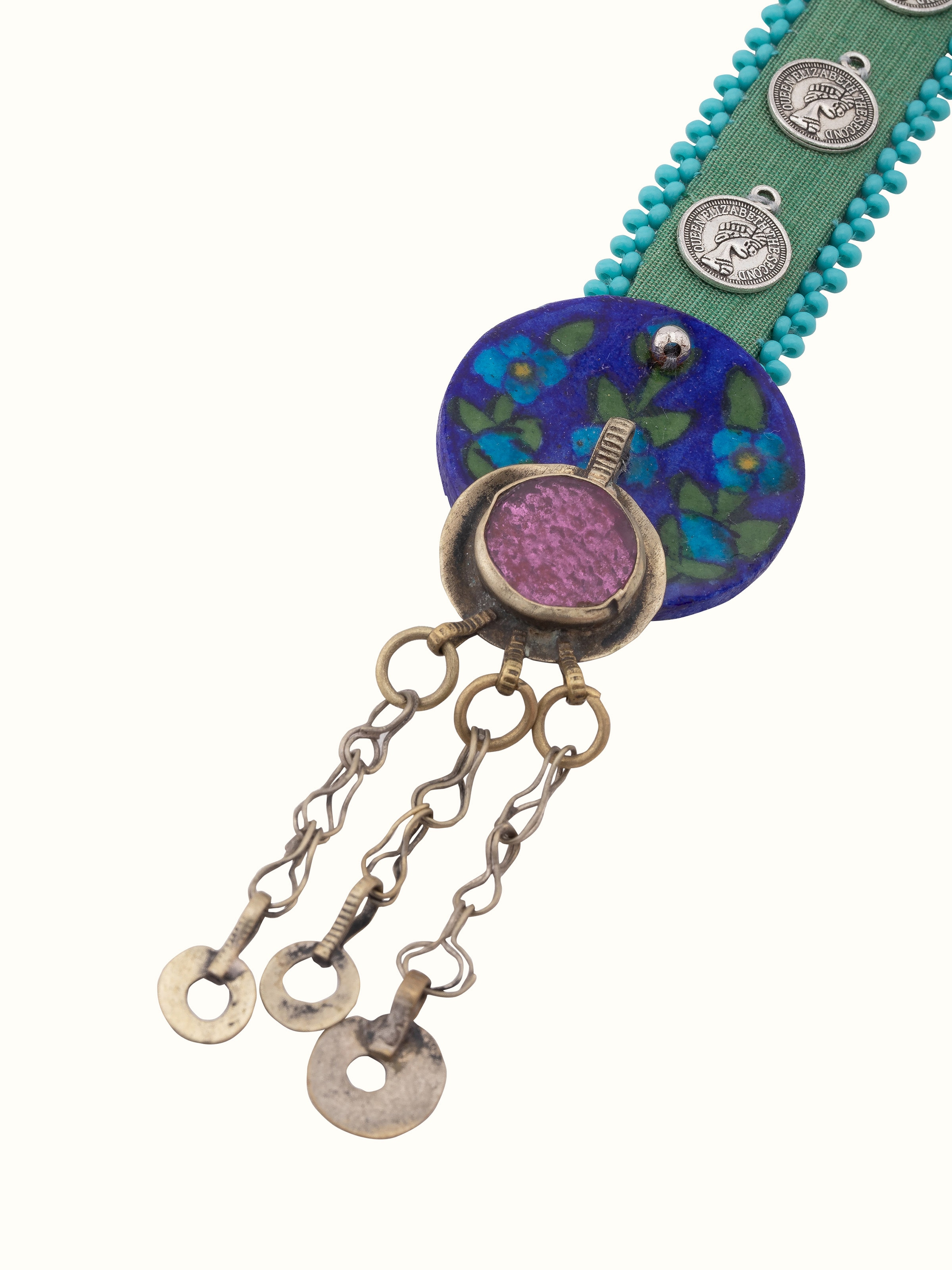 Overhead view of Ajrakh long necklace presenting balanced arrangement and ethnic design flair