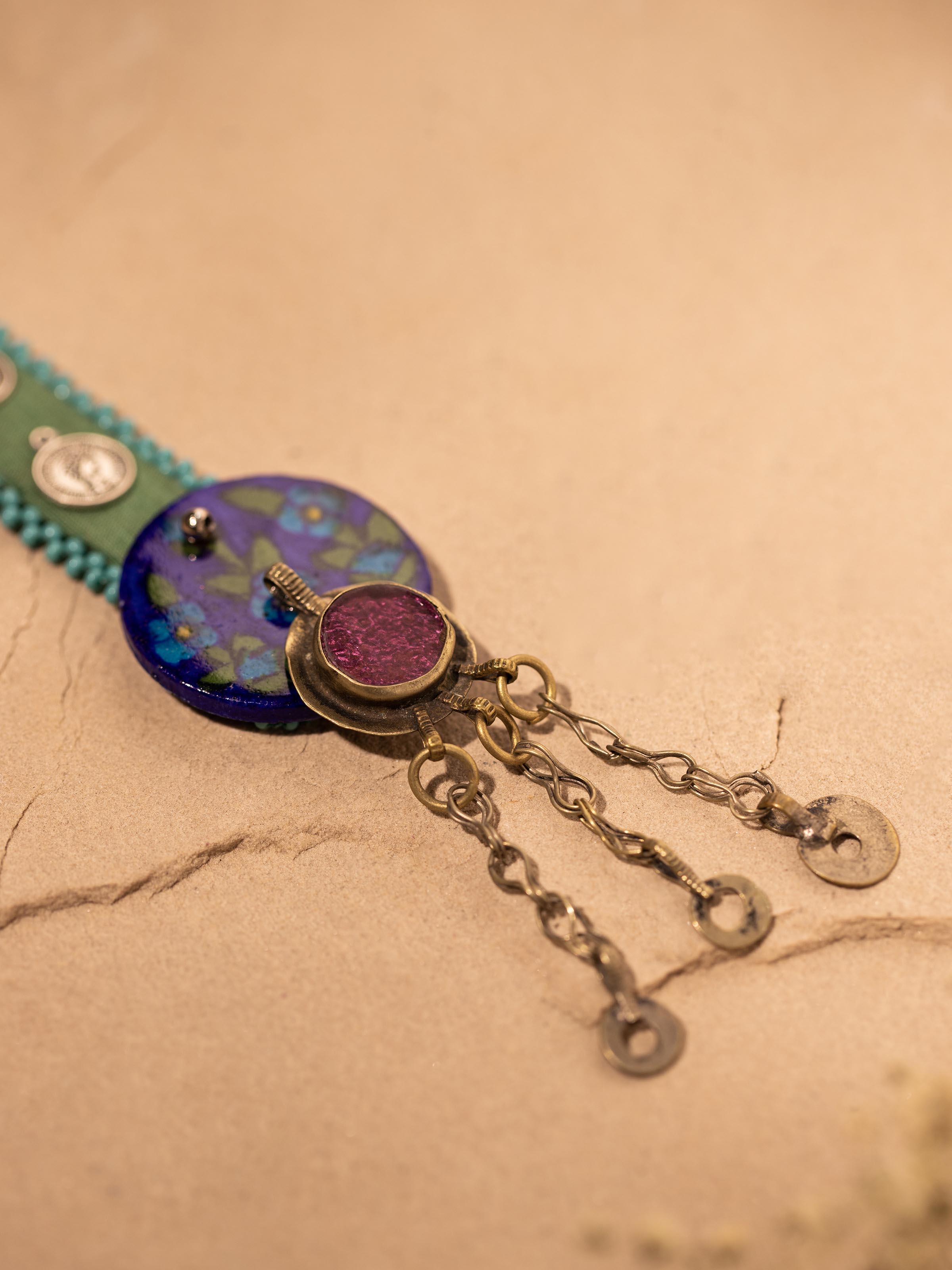 Detailed view of Ajrakh long necklace emphasizing artistic motifs and traditional craftsmanship