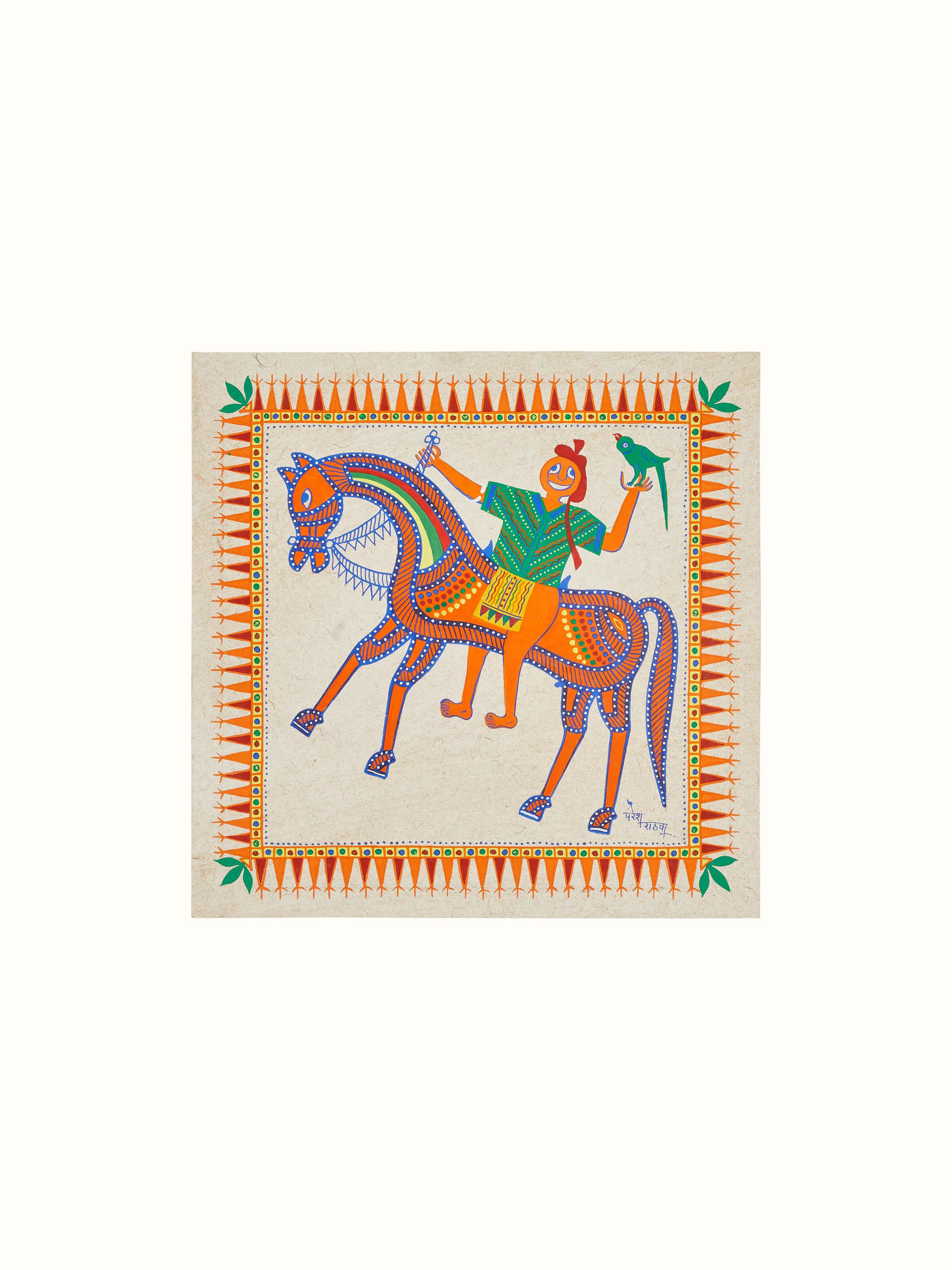 Front view of Pithora horseman with parrot painting displaying vibrant colors and detailed artwork