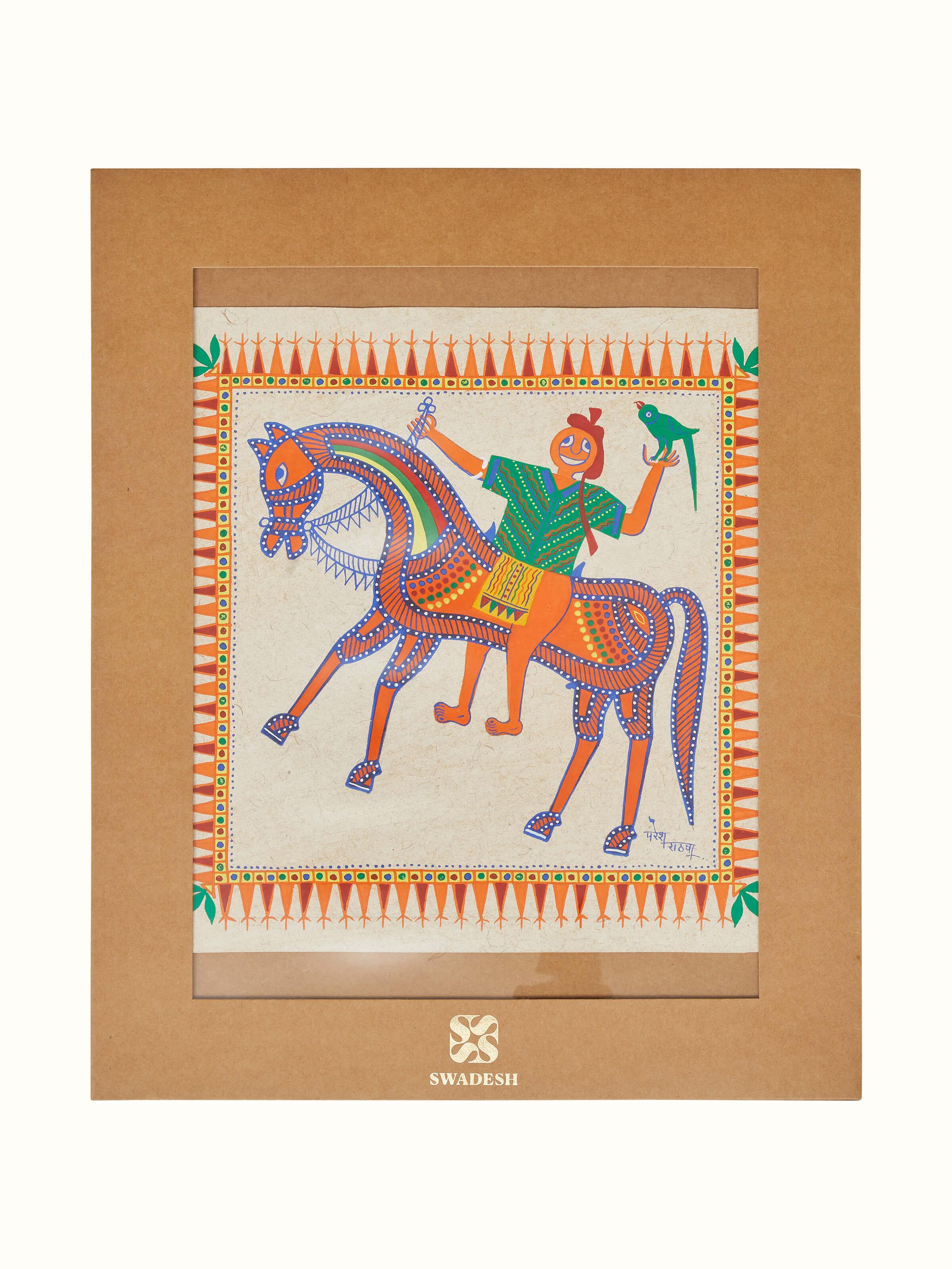 Side view of Pithora horseman with parrot painting showcasing its detailed design