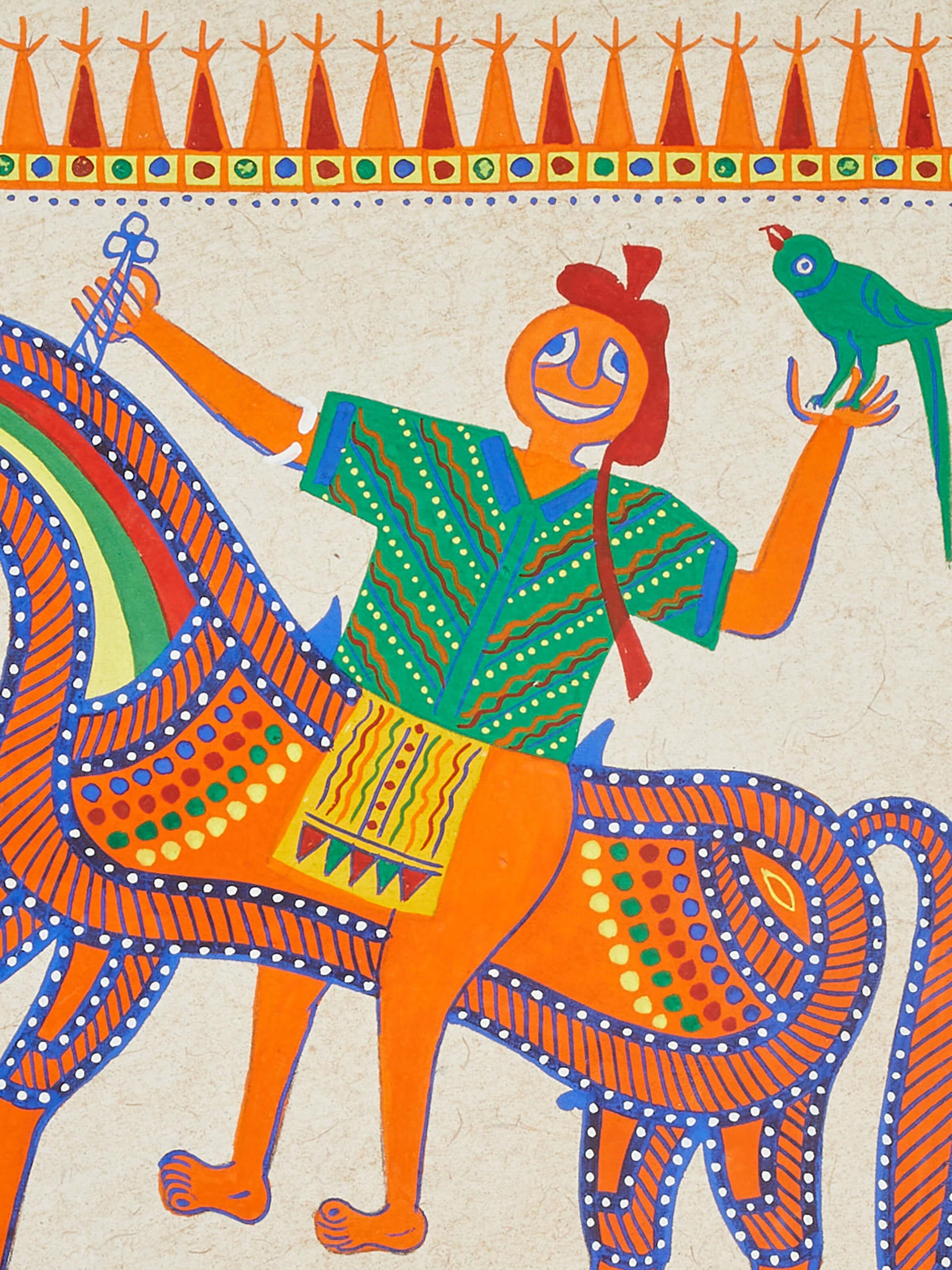 Detailed view of Pithora horseman with parrot painting focusing on artistic details
