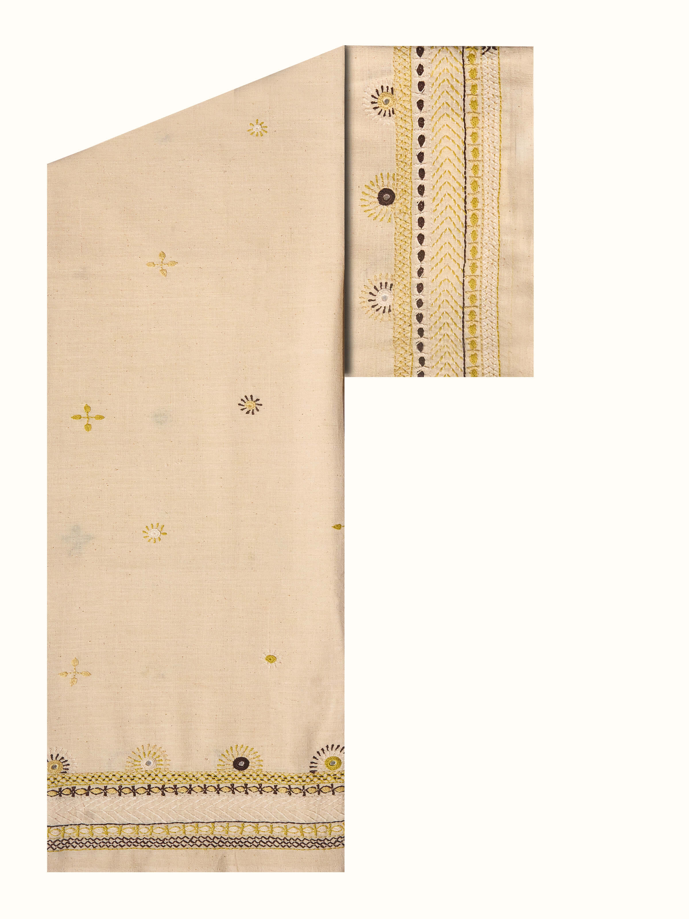 Front view highlighting the intricate Lambani embroidery on the soft cotton base.