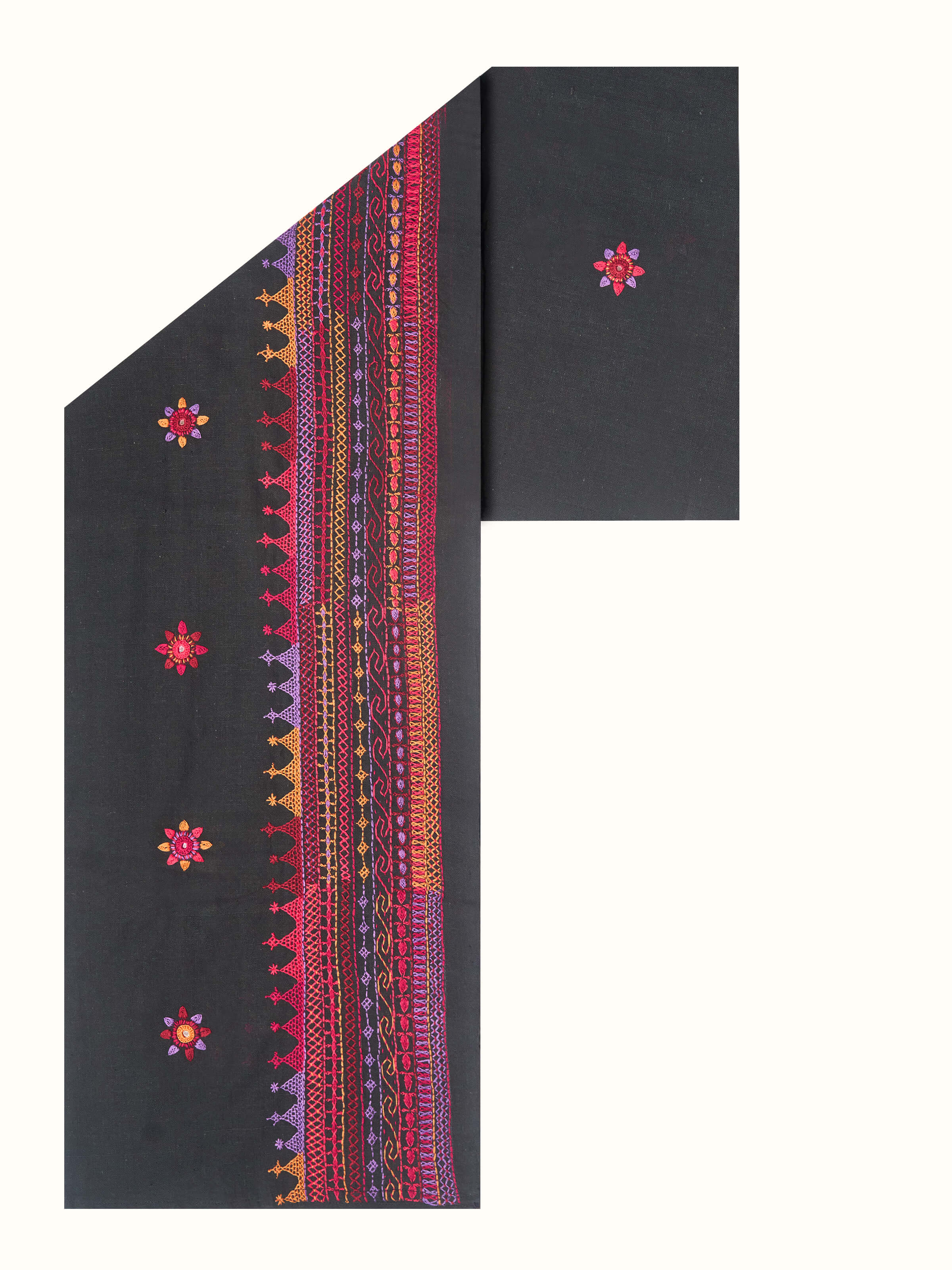 Front view of black cotton blouse piece featuring vibrant Lambani embroidery