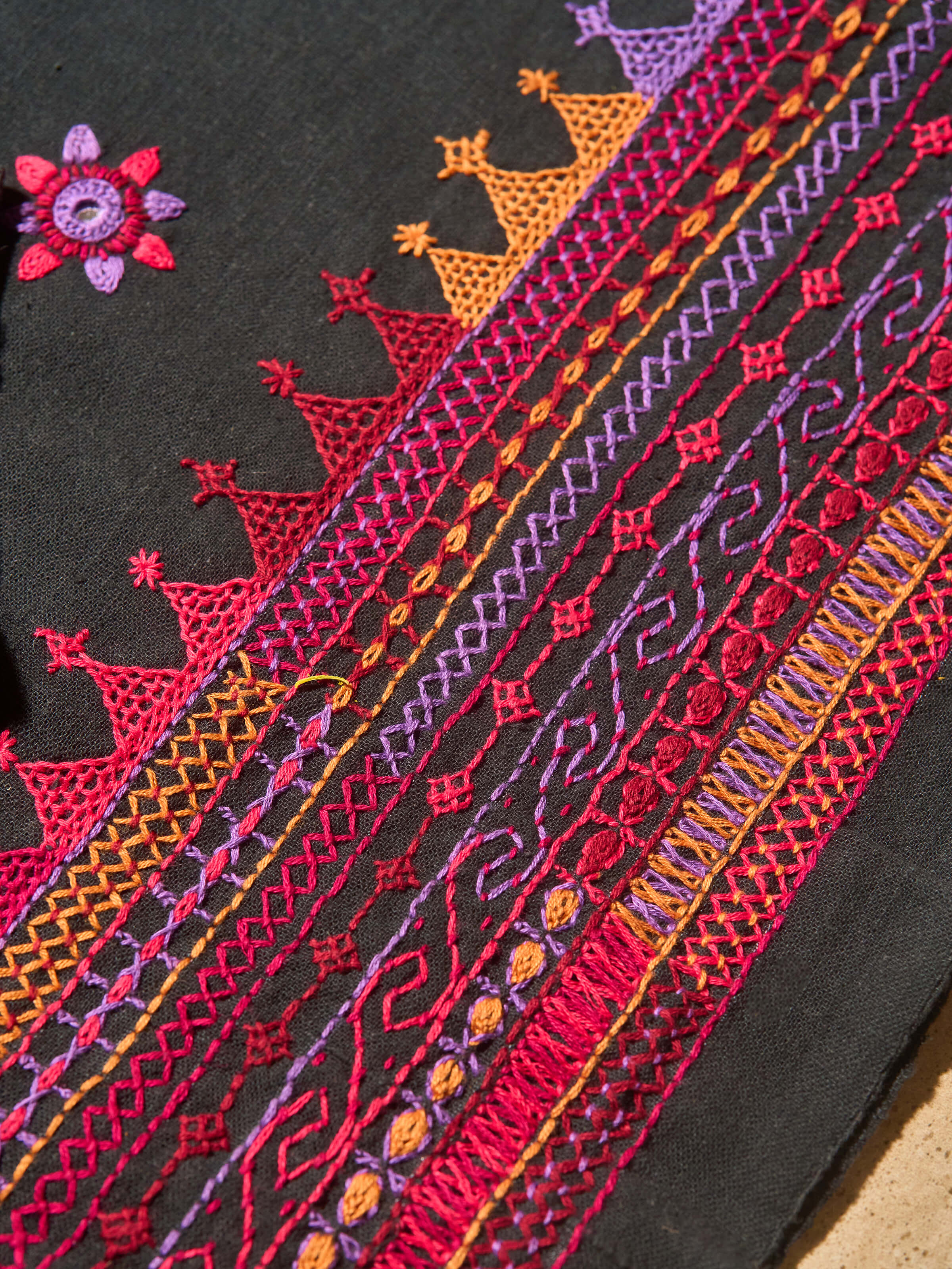 Detail shot of black blouse fabric showcasing fine Lambani stitch motifs