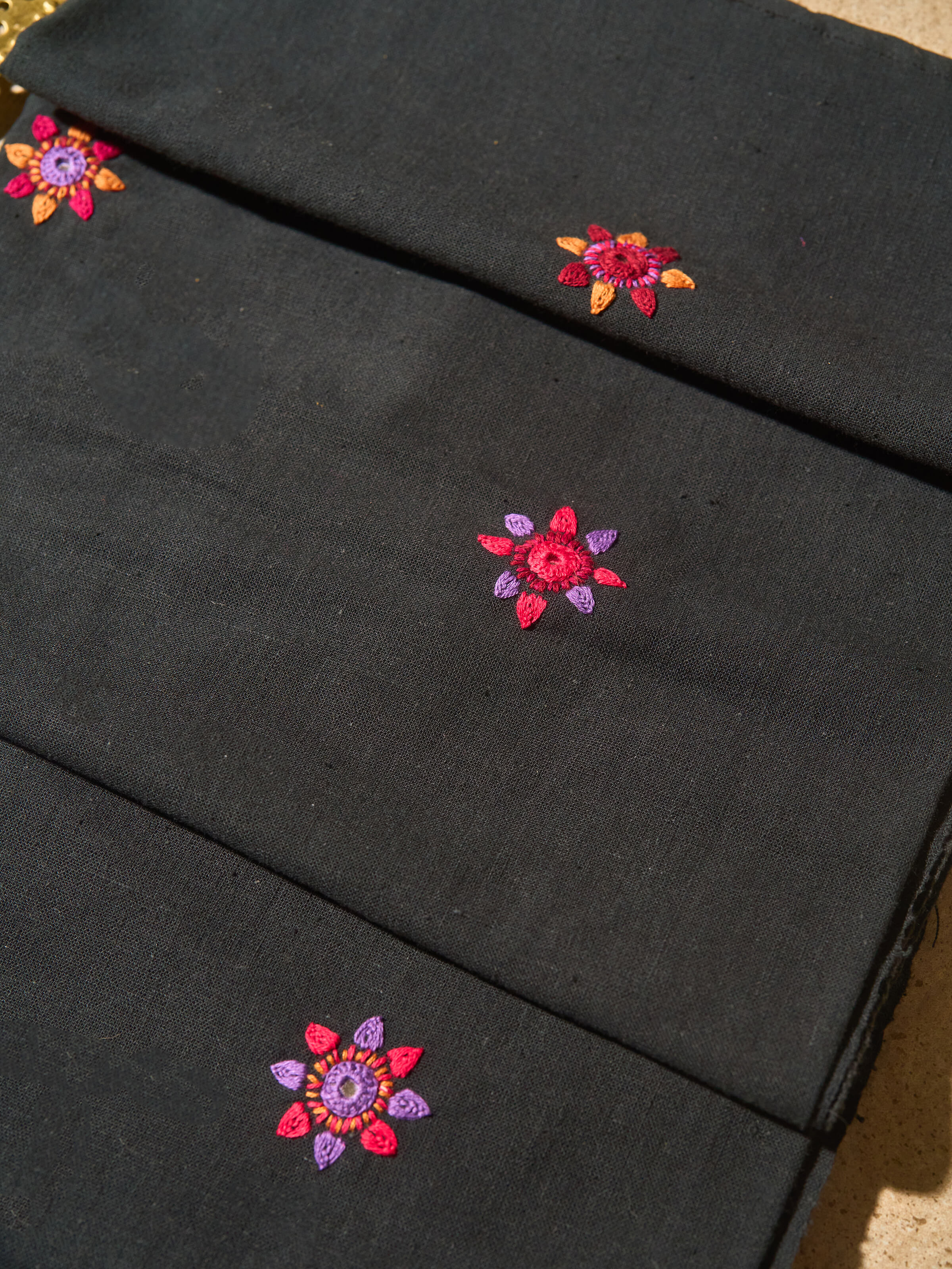 Close-up detail of Lambani embroidery on black cotton blouse piece