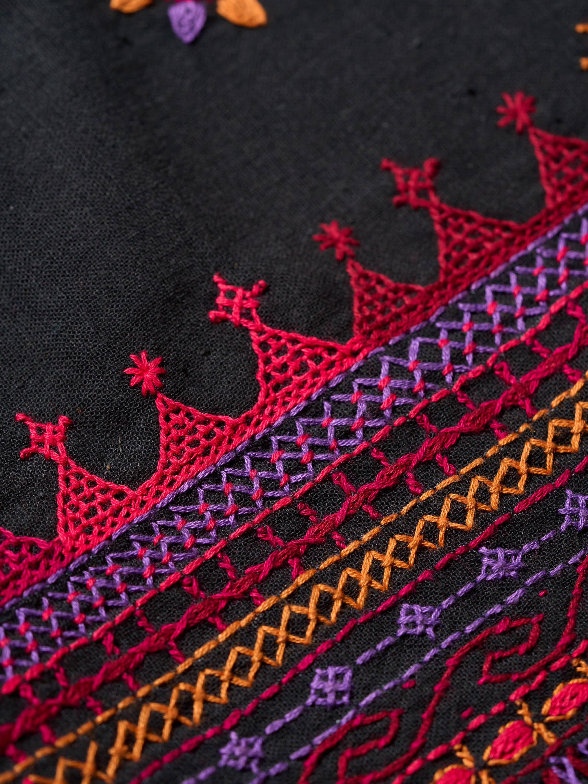 Additional detail view of multicolor Lambani embroidery on black cotton fabric