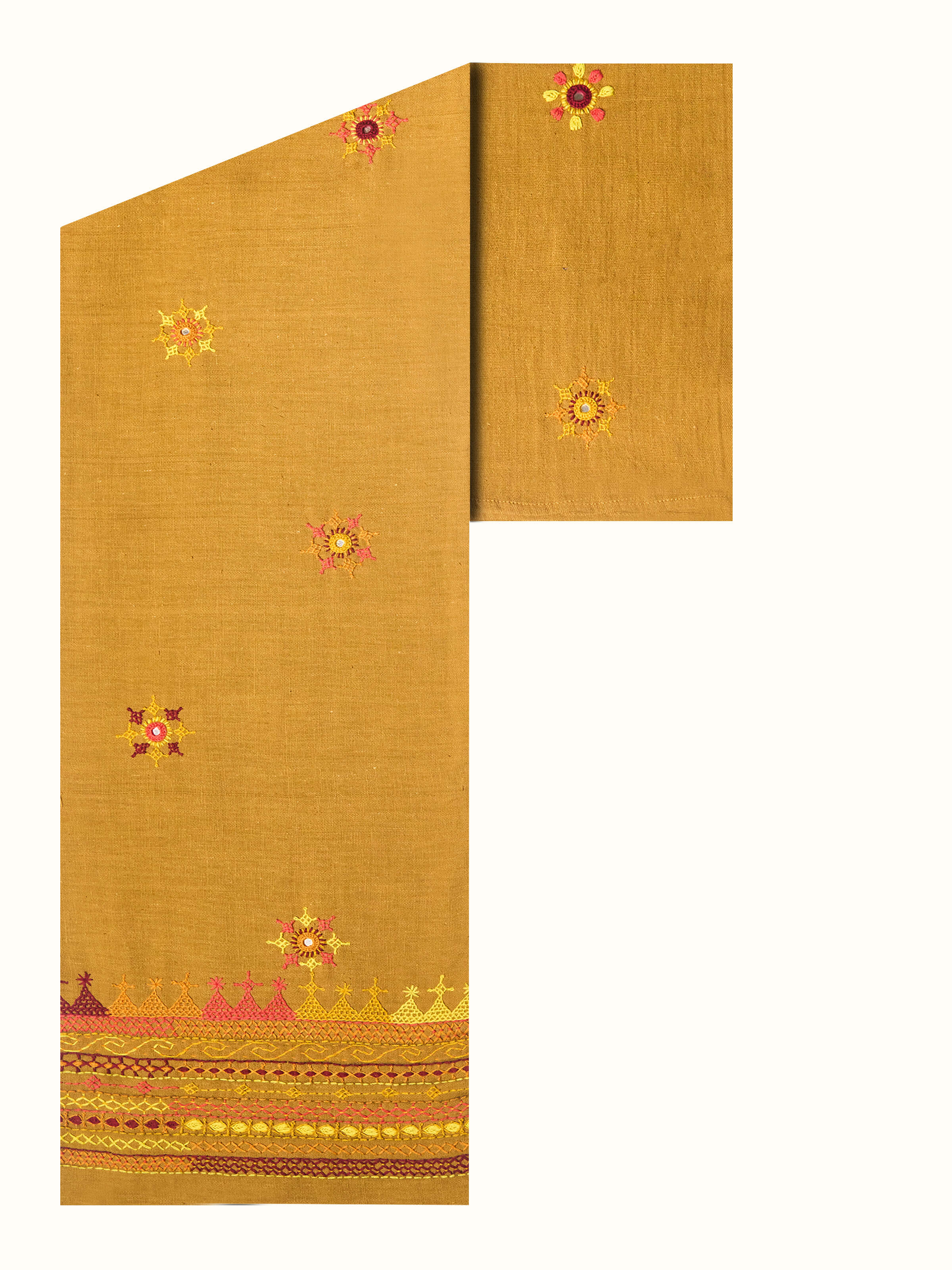 Front view showing the khakhi cotton with intricate Lambani embroidery.