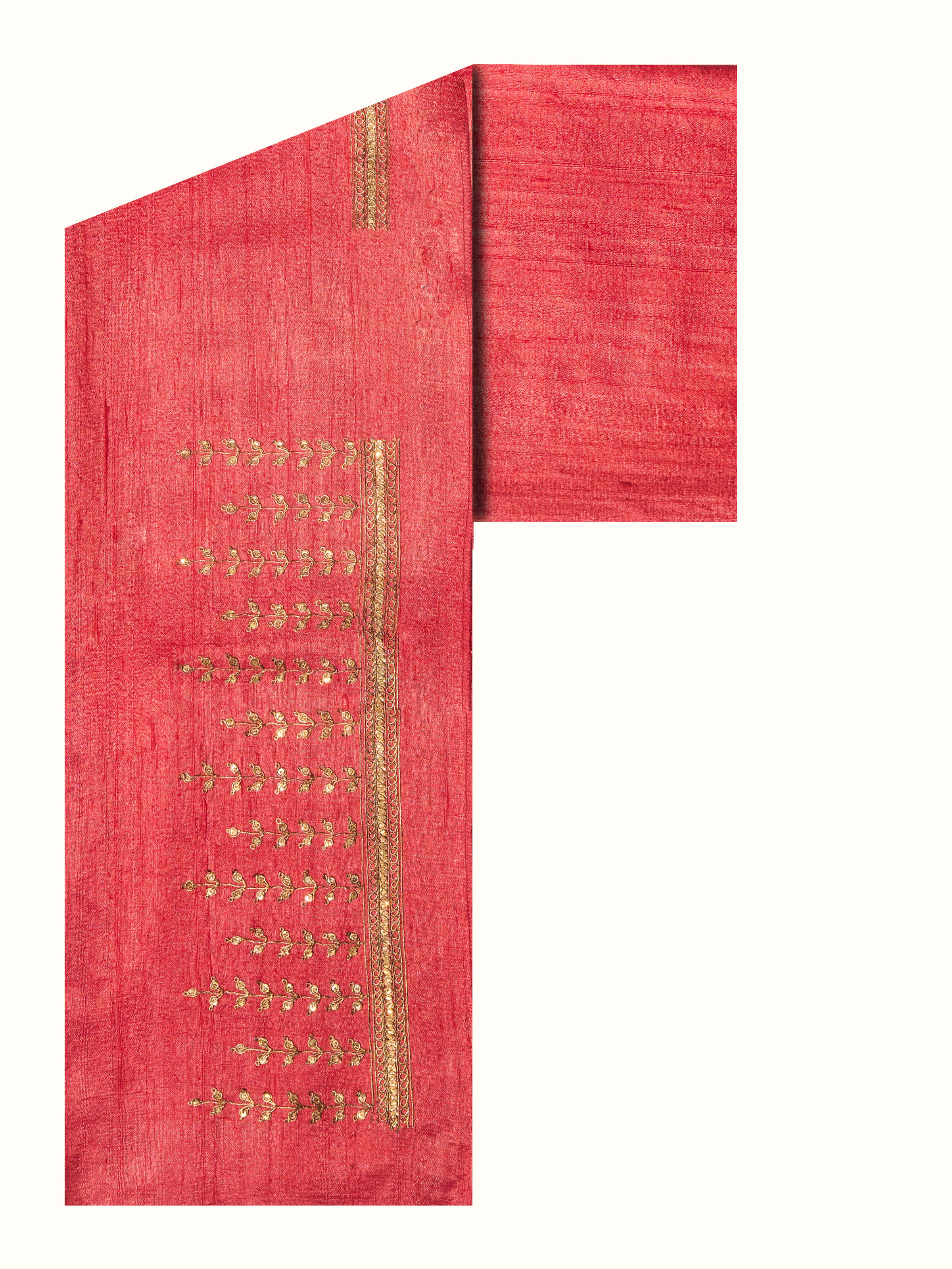 Front view of pink Tussar silk blouse piece with detailed Zardozi embroidery on vibrant base