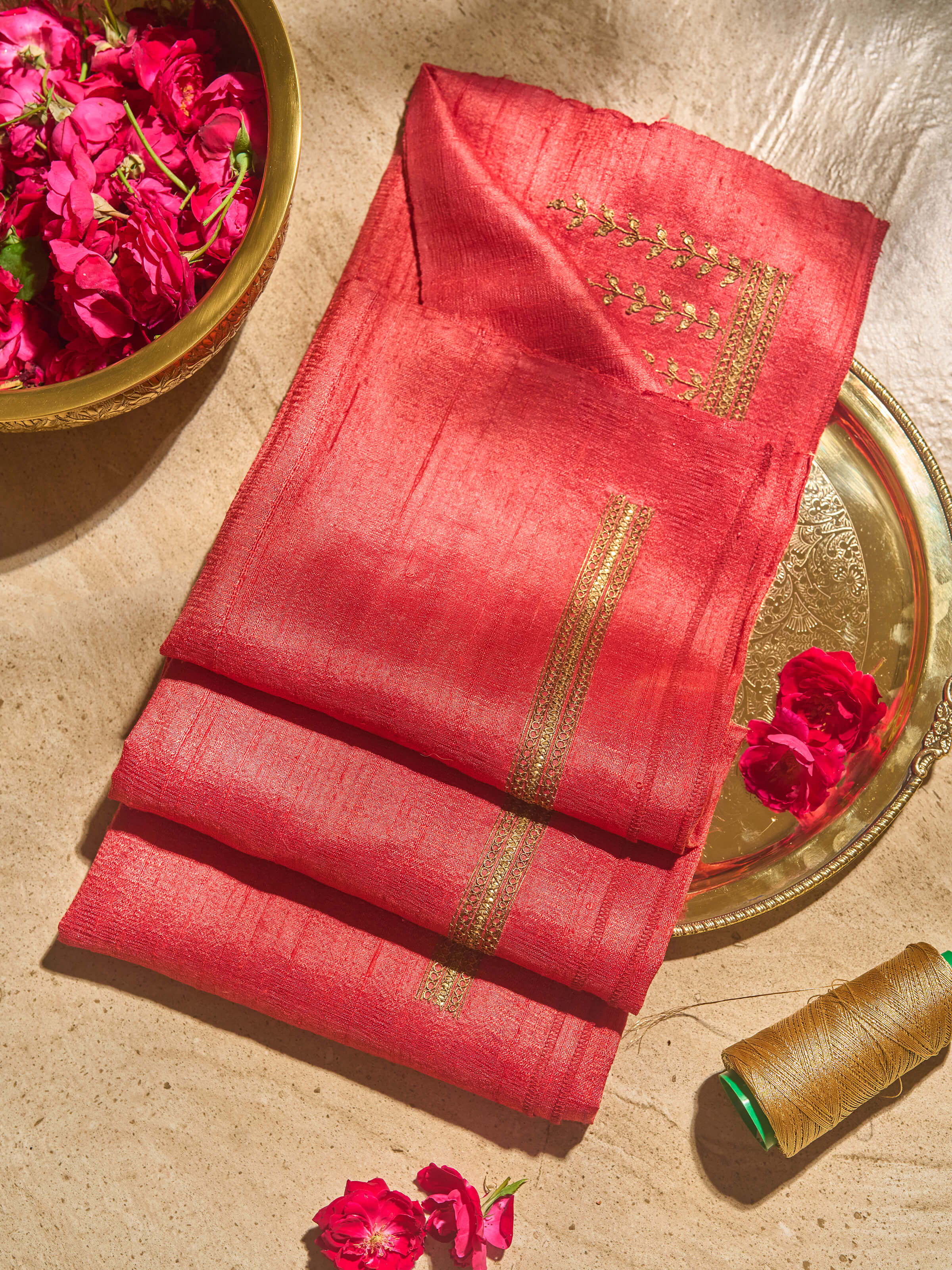 Lifestyle view of pink Zardozi embroidered Tussar blouse piece styled with complementary attire