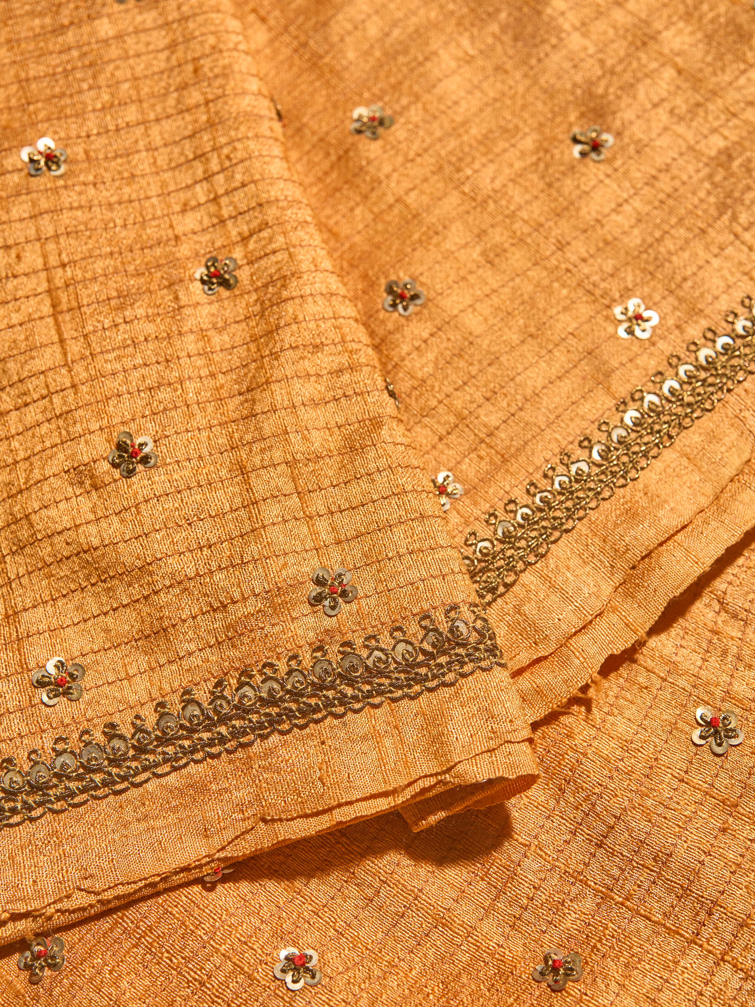 Detail shot of Rust Tussar Silk Zardozi Embroidered Blouse Piece focusing on exquisite Zardozi work