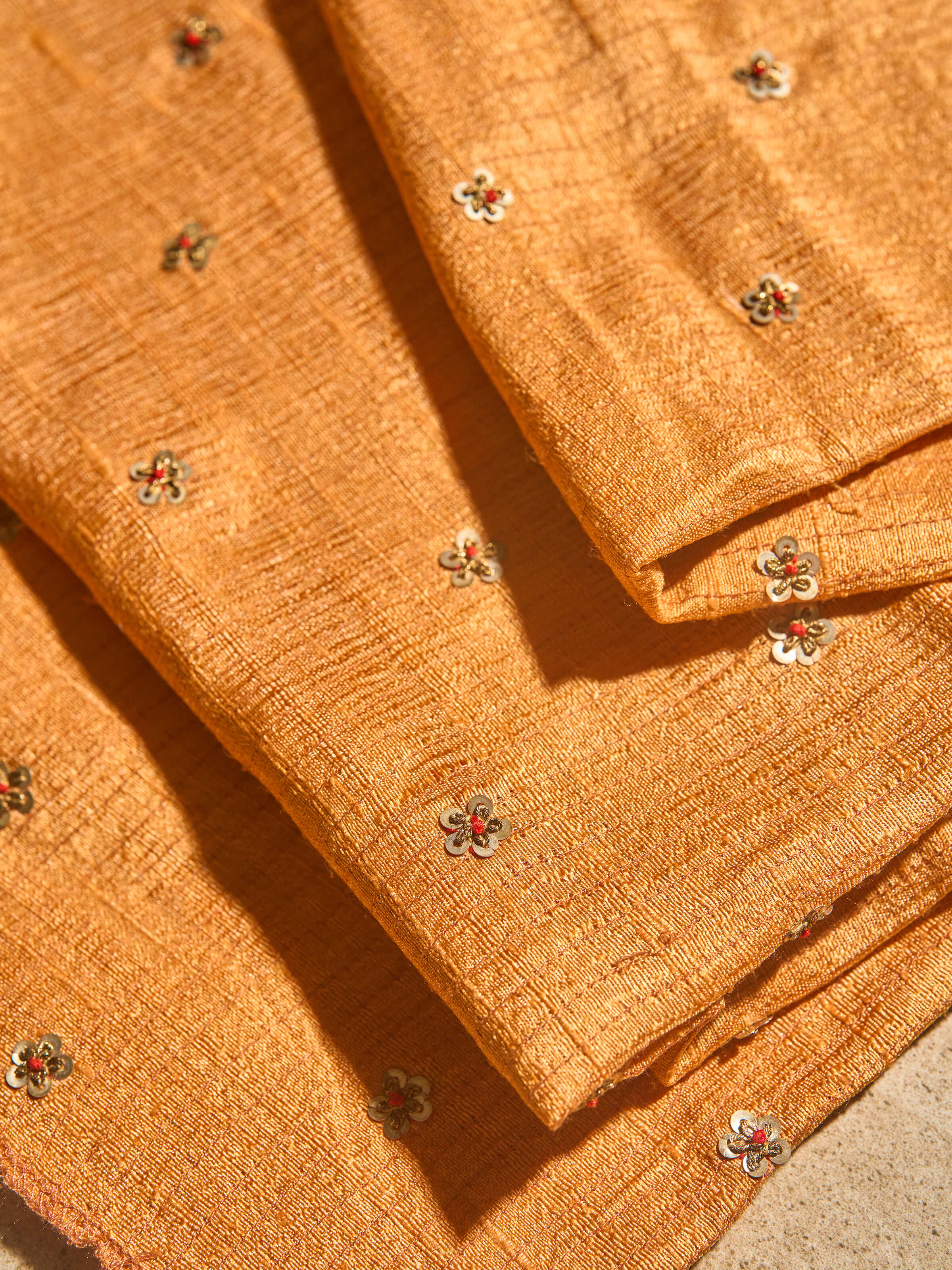 Close-up detail of Rust Tussar Silk Zardozi Embroidered Blouse Piece highlighting intricate thread embroidery
