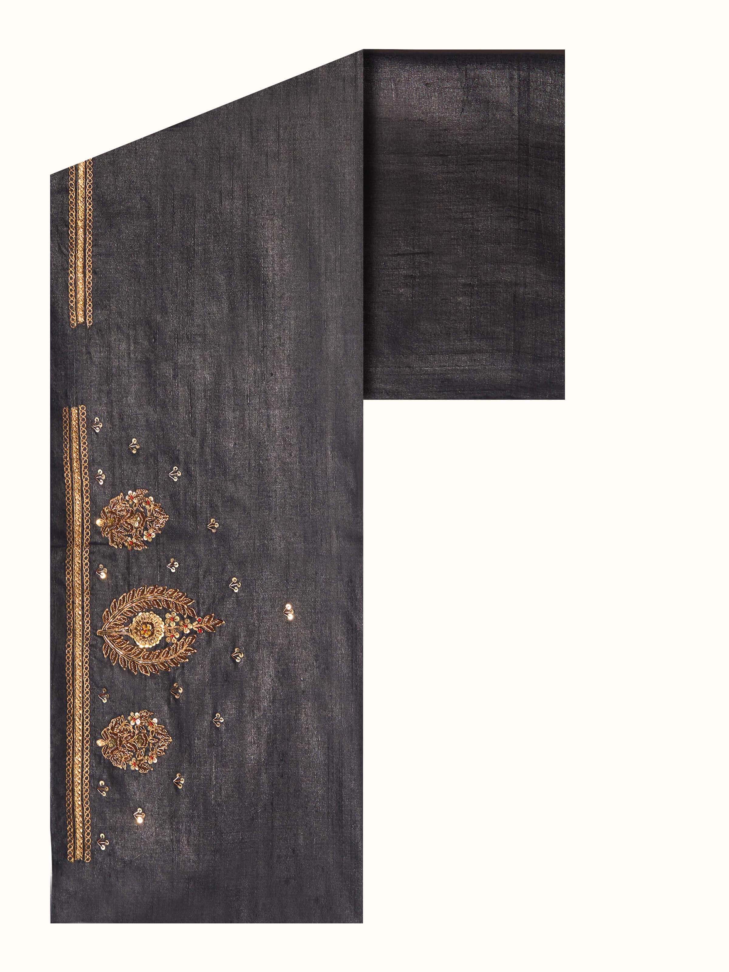 Front view of black Tussar silk blouse piece with rich Zardozi embroidery in gold thread.