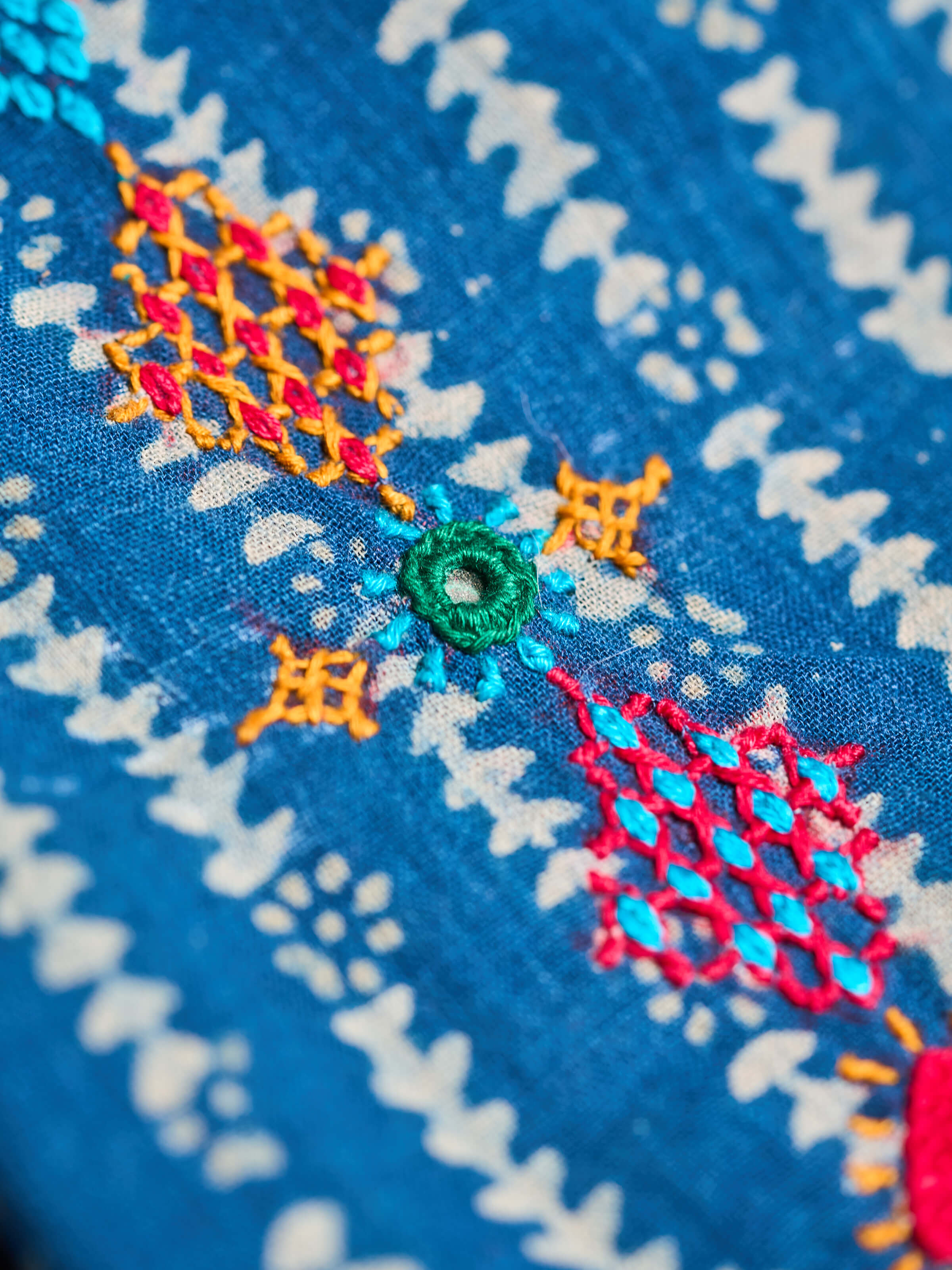 Detail shot capturing vibrant Lambani stitches and mirror work on indigo base