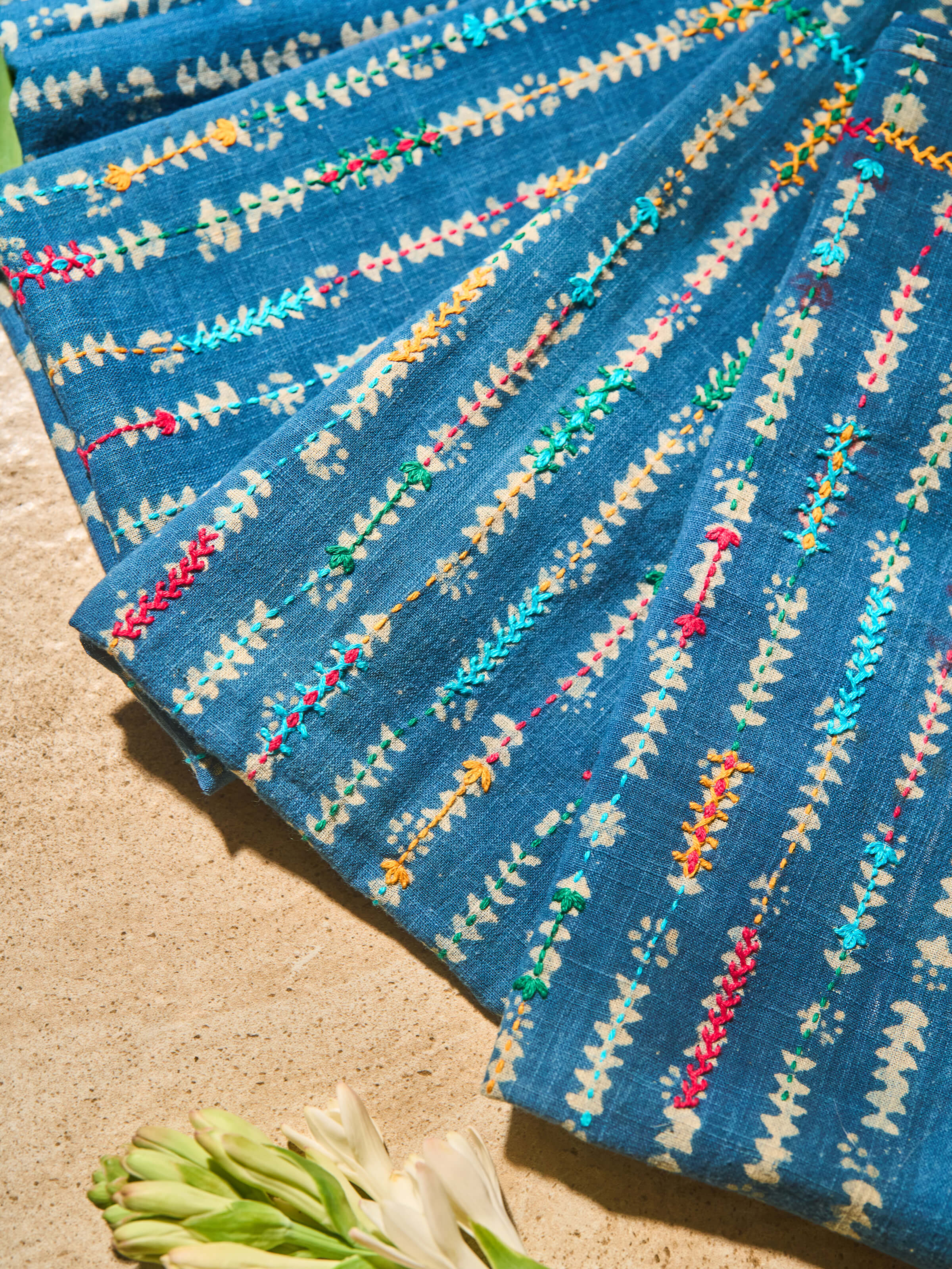 Close-up view of colorful thread embroidery and embellishments on blouse piece