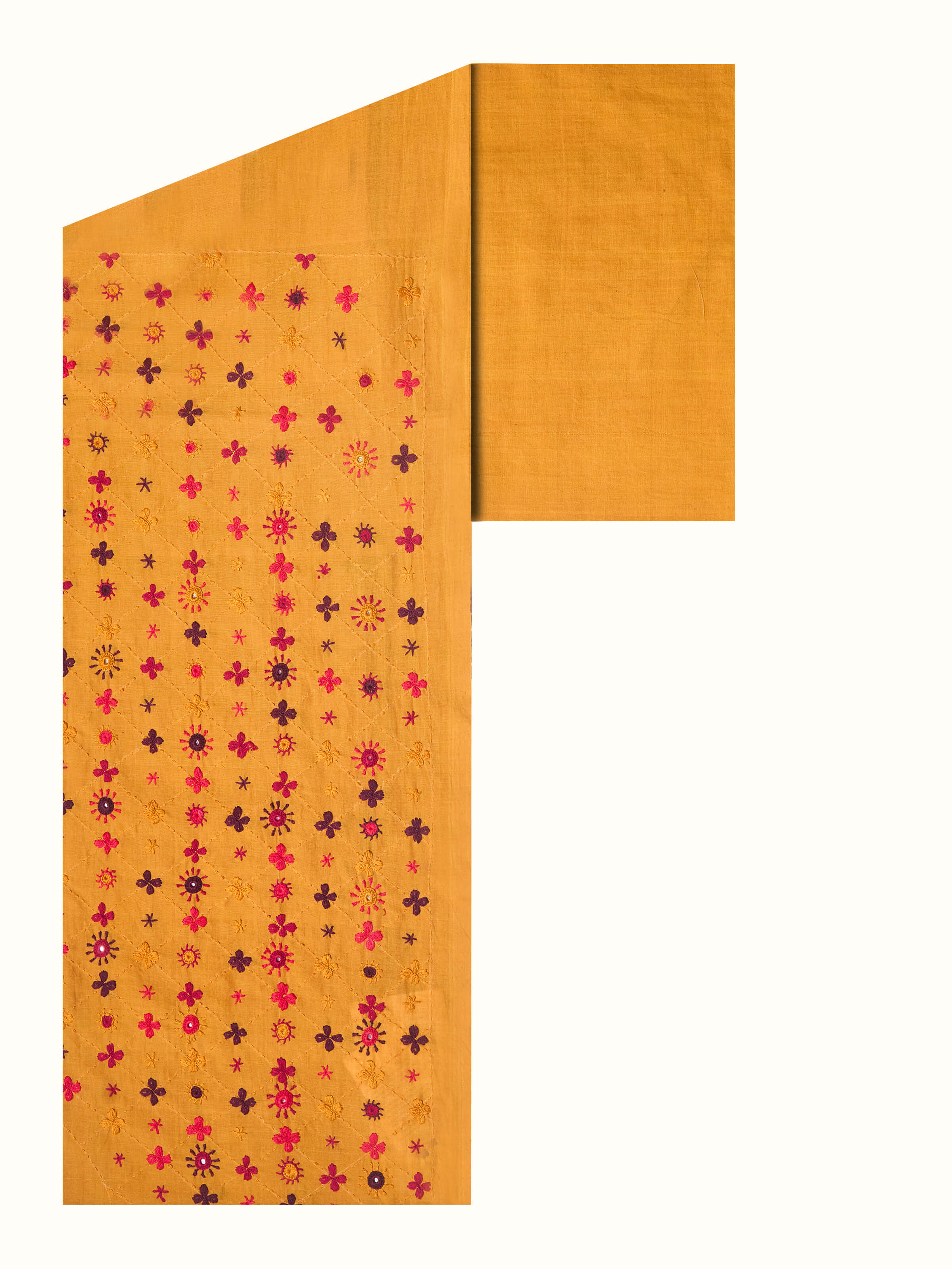 Front view of Mustard Cotton Lambani Embroidered Blouse Piece featuring bright embroidery work.