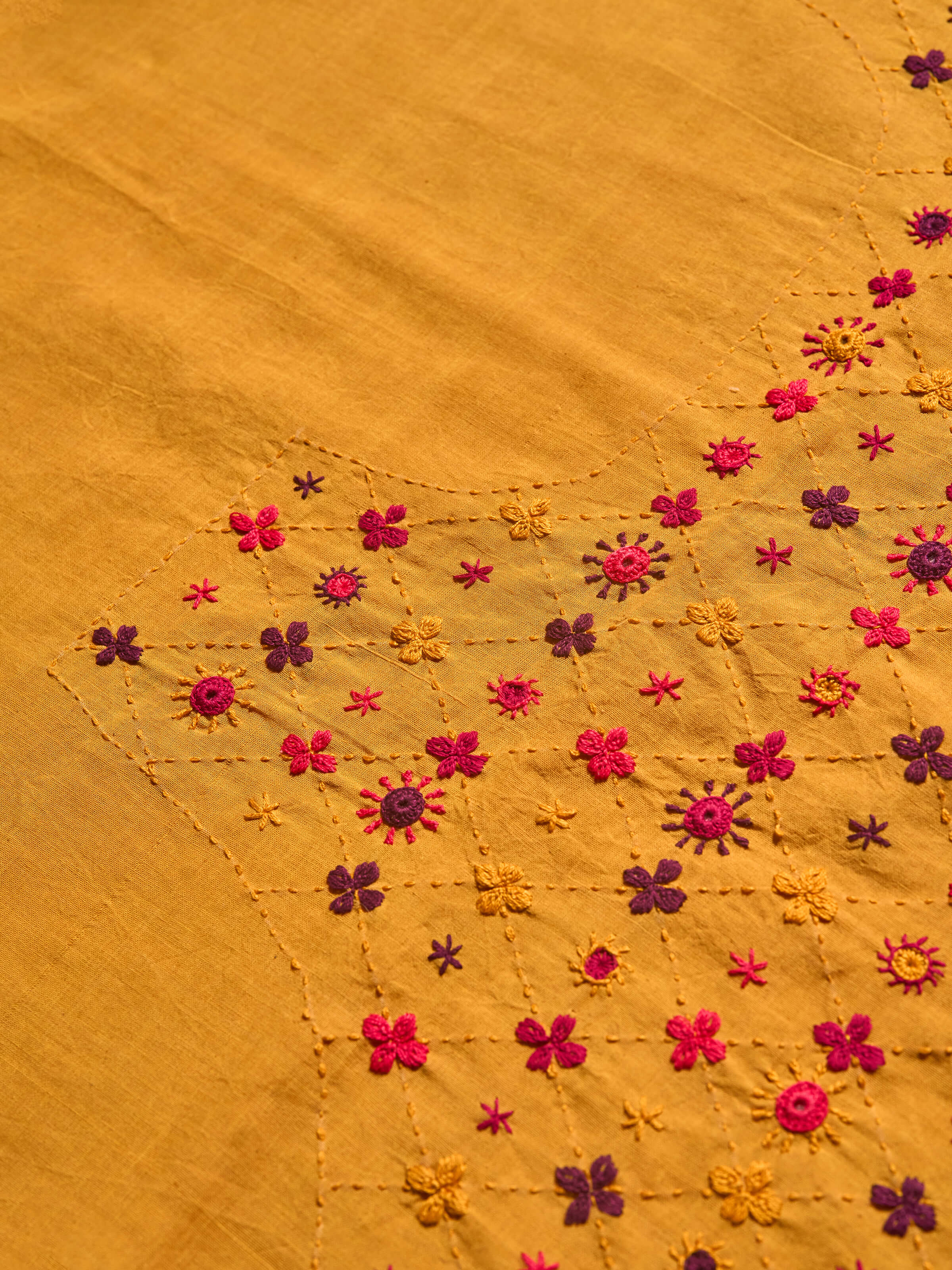 Detailed side view showing blouse embroidery patterns and texture.