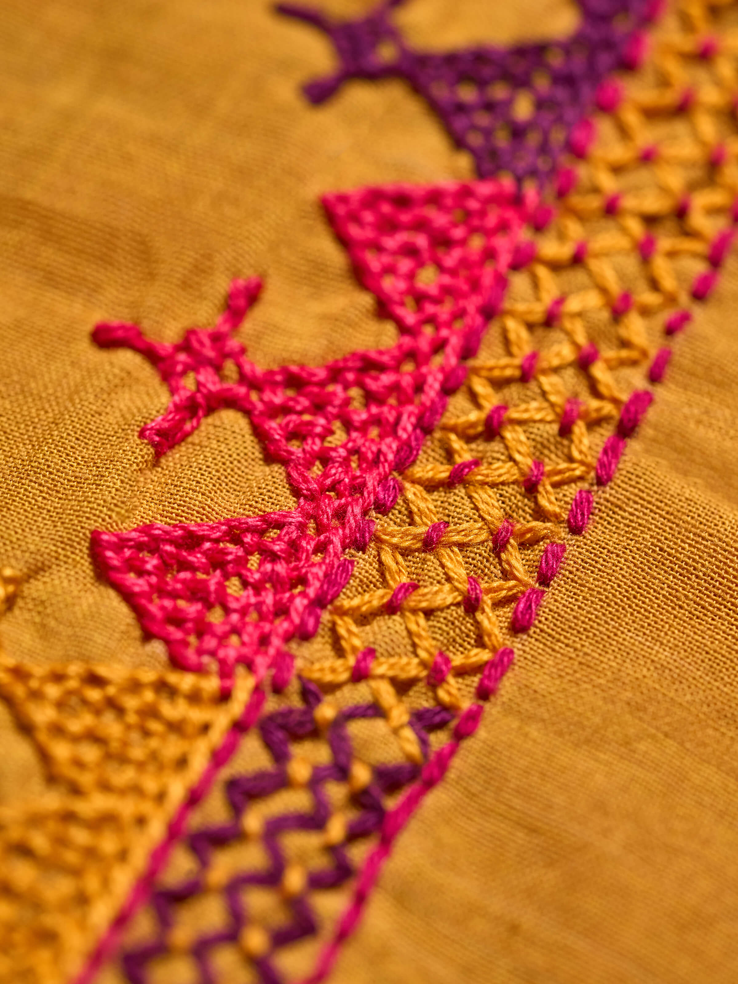 Back view of Mustard Cotton Lambani Embroidered Blouse Piece highlighting embroidery coverage.