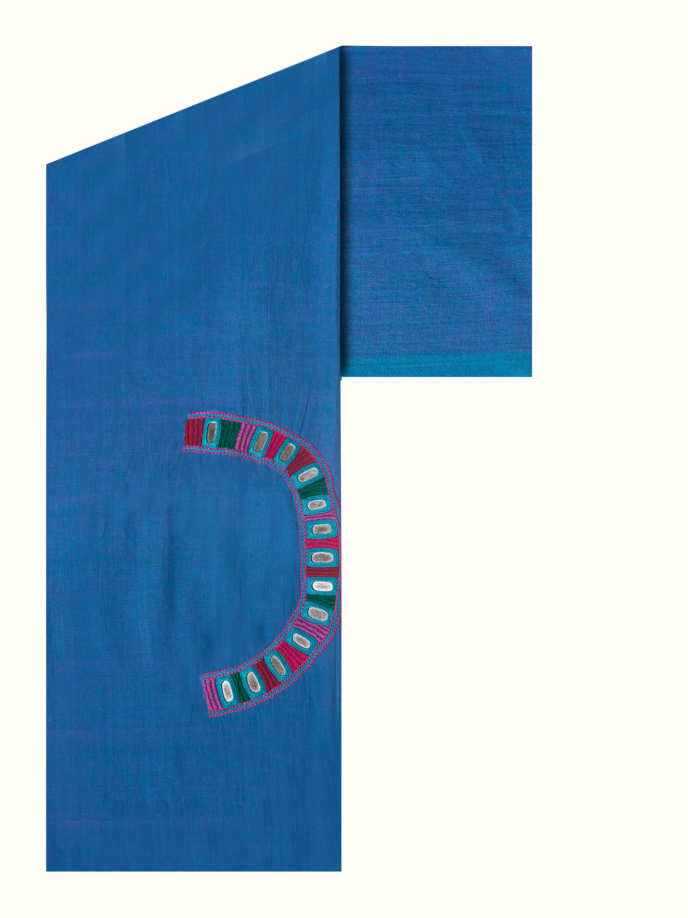 Front view of solid blue cotton Lambani embroidered blouse piece with traditional hand embroidery